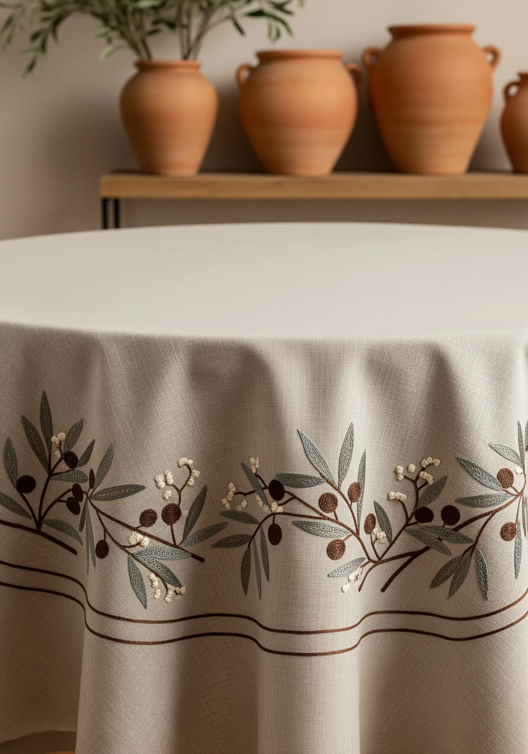 The border of a neutral linen tablecloth embroidered with an olive branch motif.