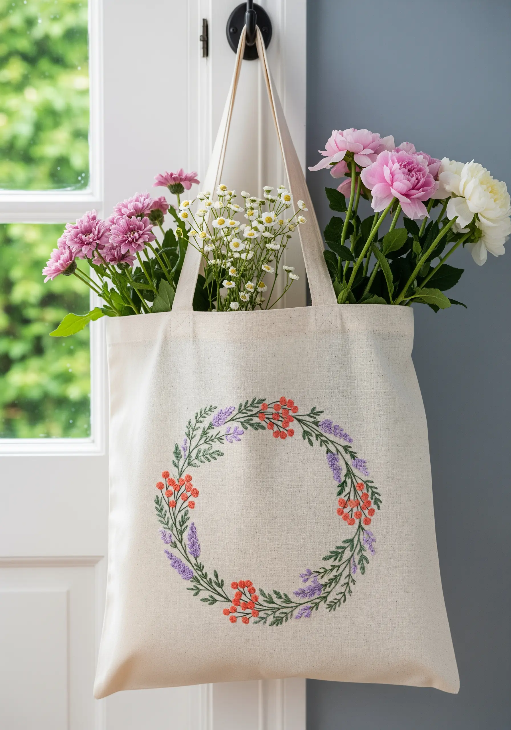 A canvas tote bag featuring an embroidered floral and berry wreath.