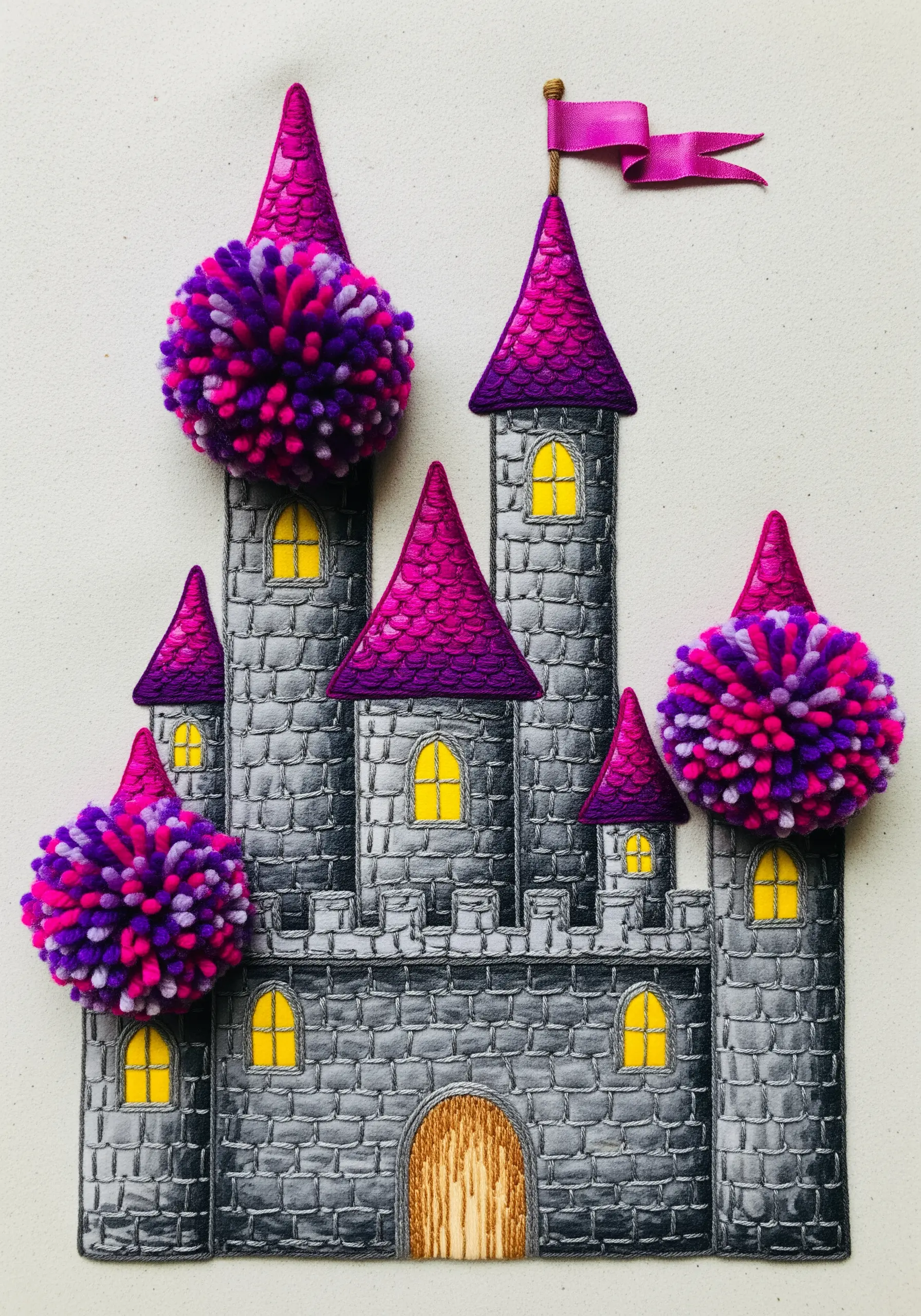 An illustrated castle on fabric, embellished with large yarn pom-poms, a ribbon flag, and embroidery.