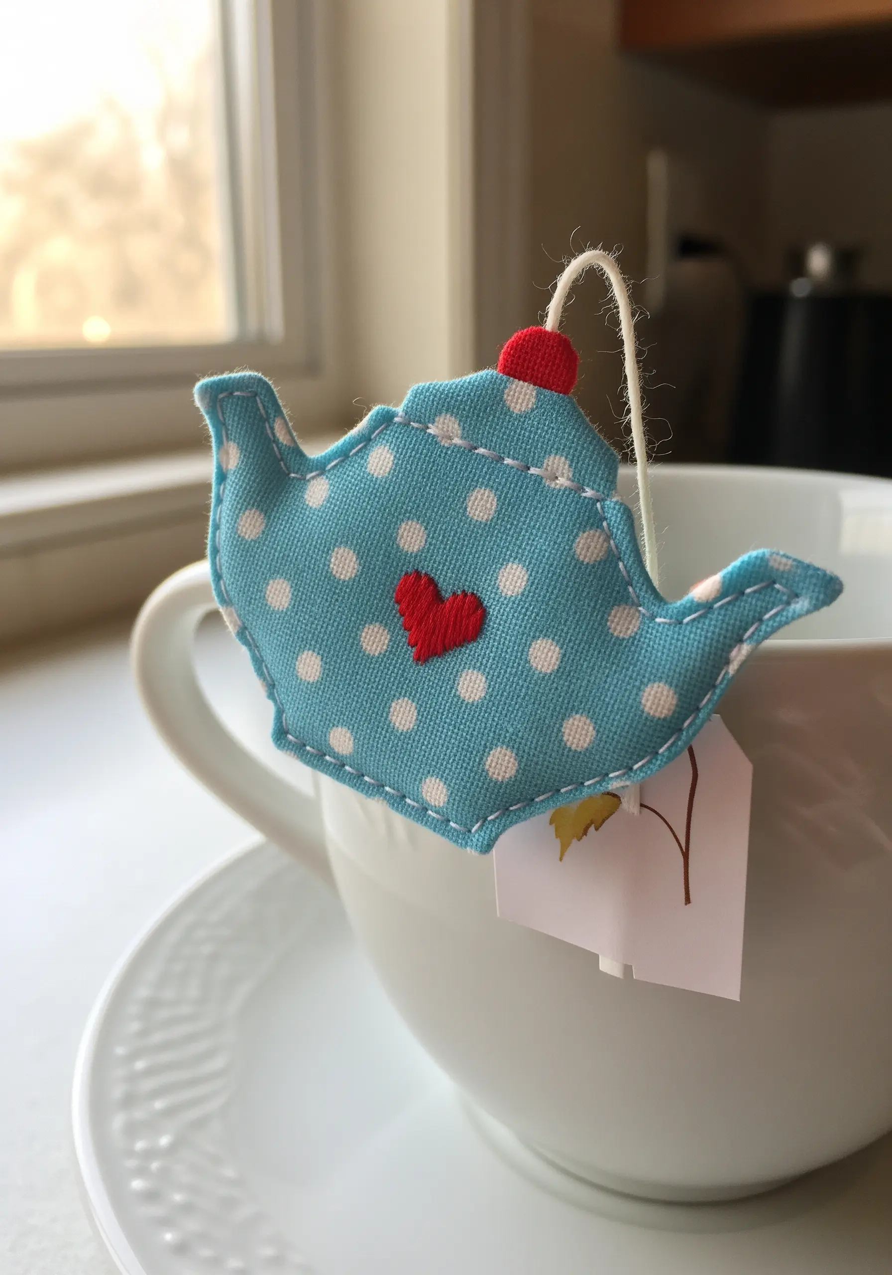 A teapot-shaped tea bag holder made from blue polka dot fabric with a small red heart accent.