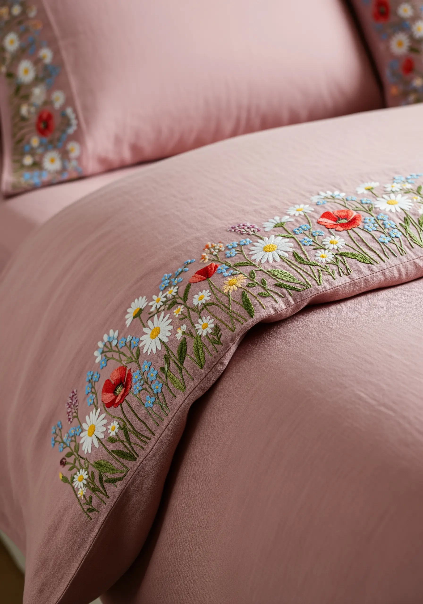 A close-up of a pink duvet cover featuring a vibrant, detailed embroidered border of wildflowers.