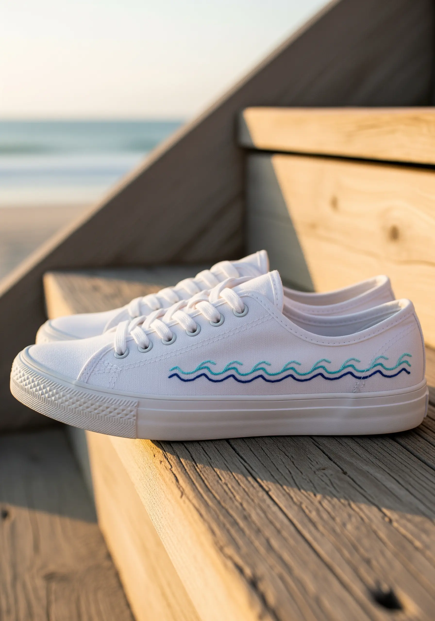 White canvas sneakers with a minimalist wave pattern embroidered in shades of blue.