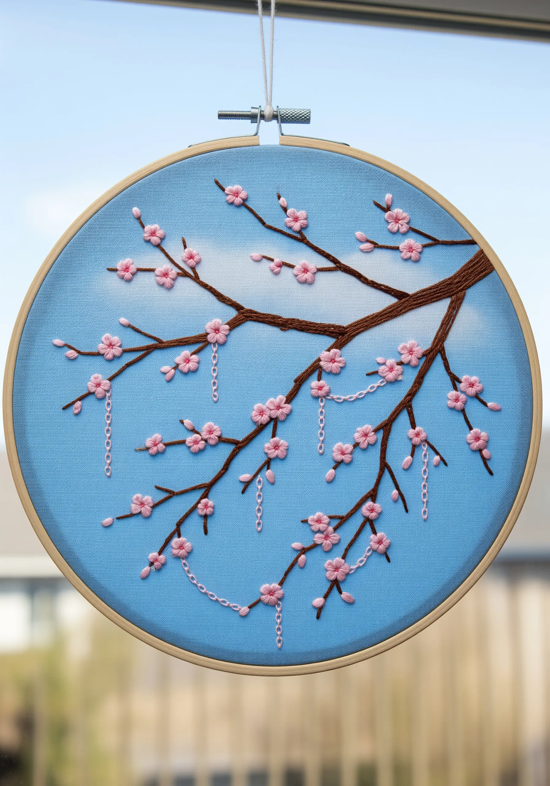 Embroidered cherry blossom branches with delicate pink hanging chain stitches.