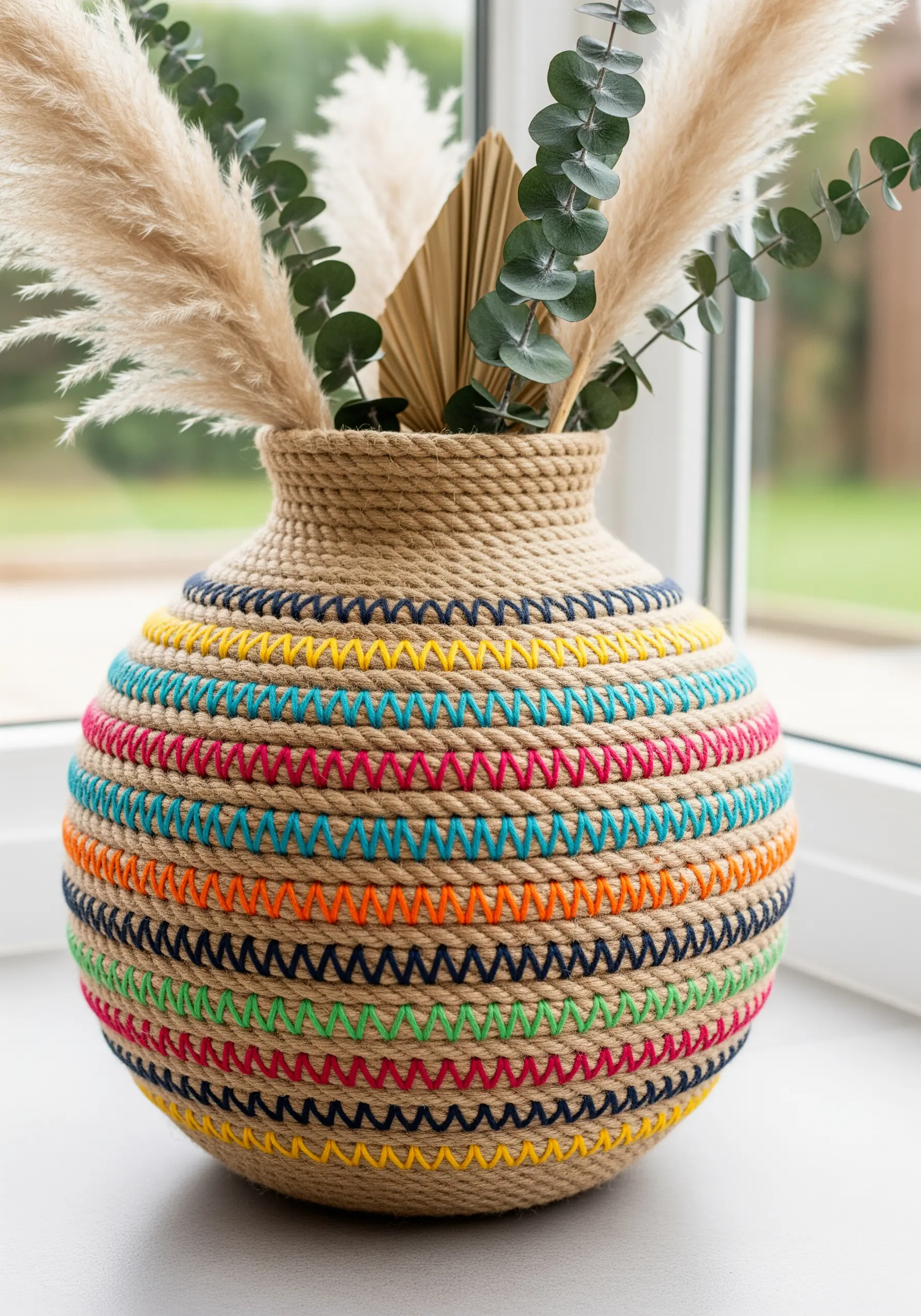 A vase covered in coiled rope, with horizontal bands of colorful thread stitched around it.