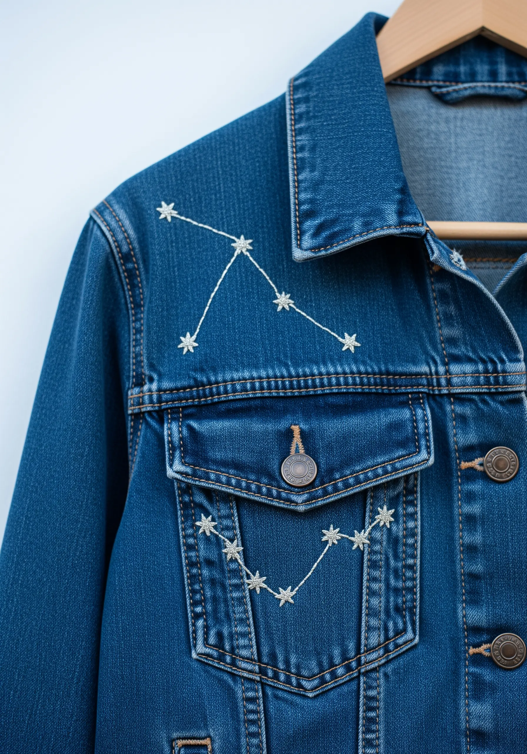Delicate white star constellations embroidered on the collar and pocket of a denim jacket.