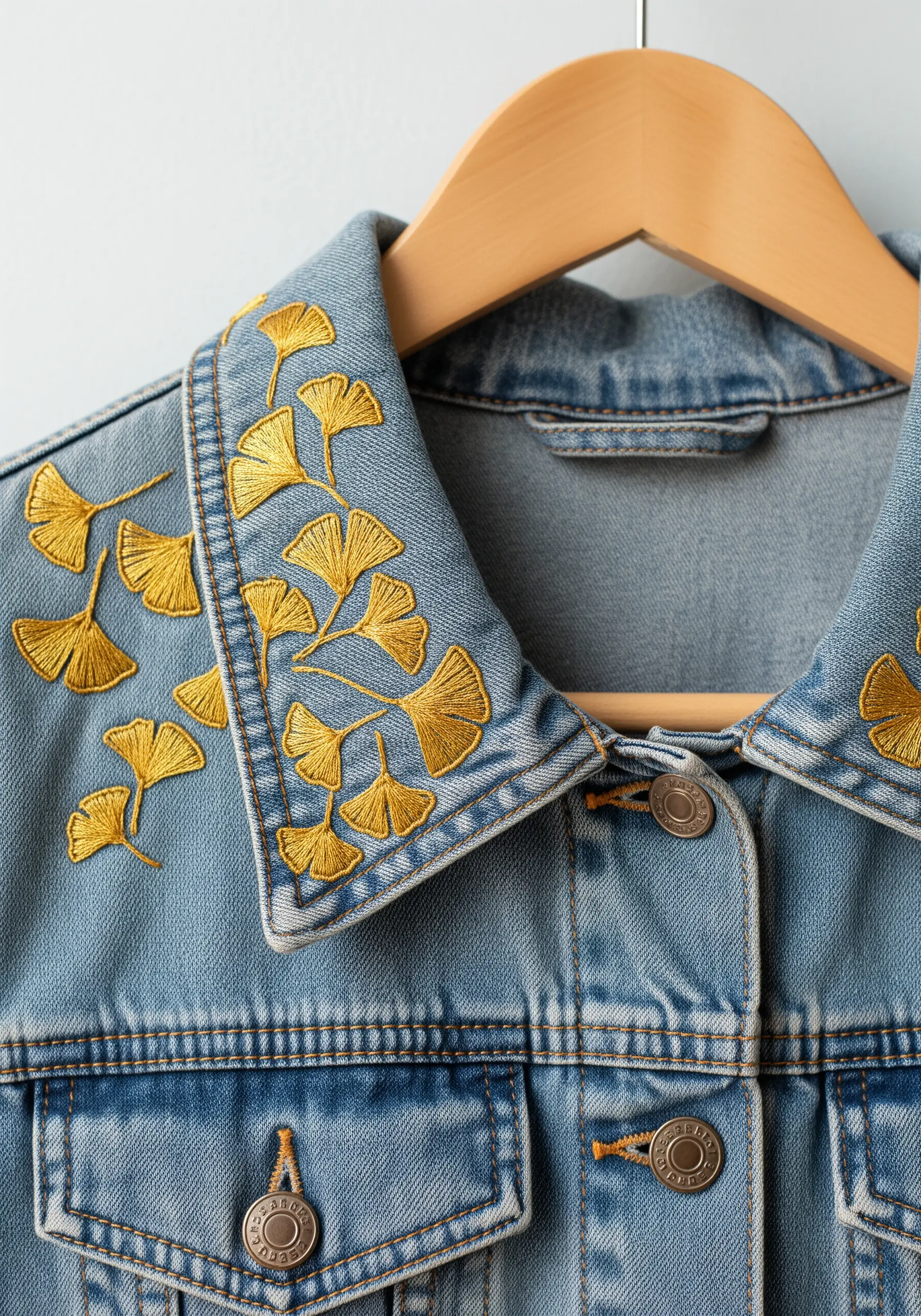 Golden ginkgo leaves embroidered with satin stitch on the collar of a denim jacket