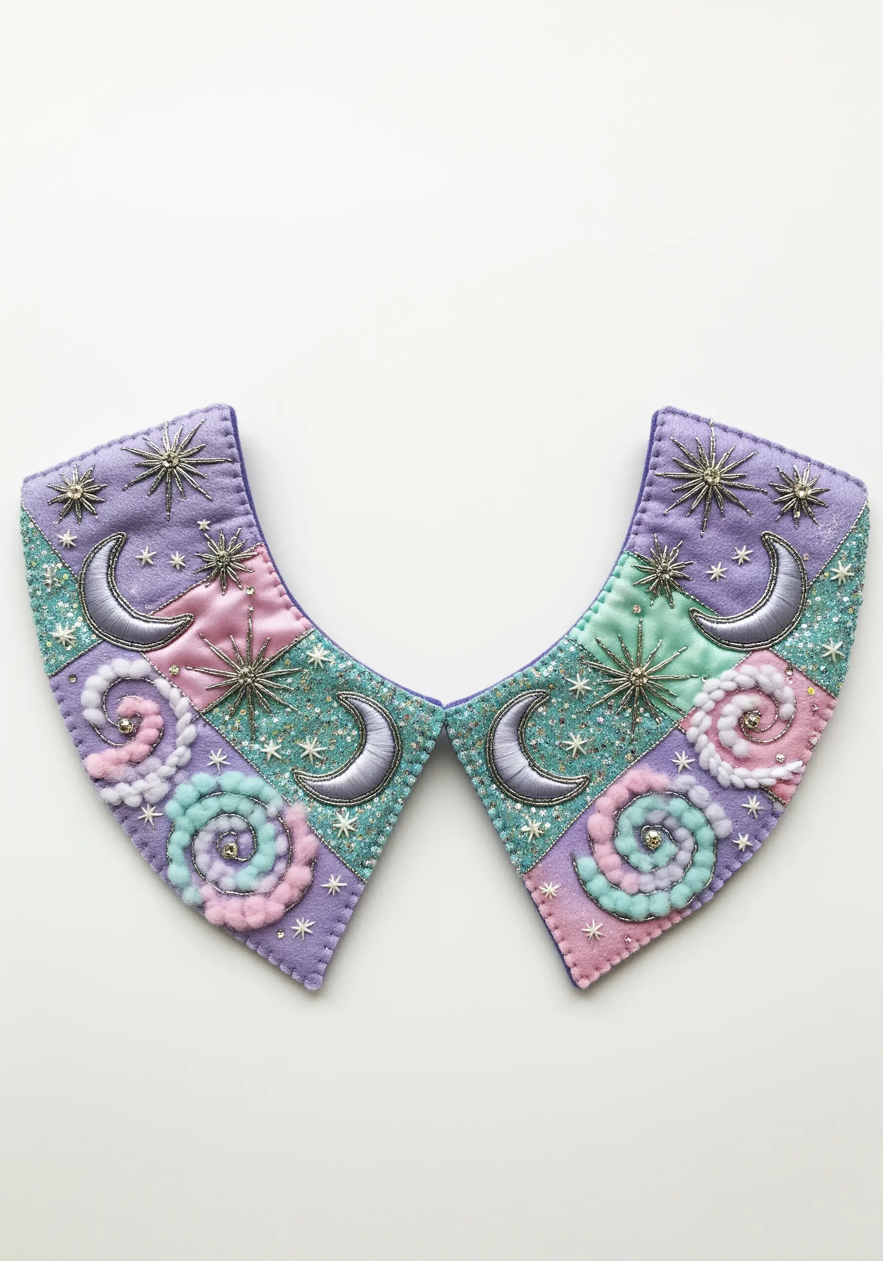 Pastel patchwork detachable collar with beading, appliqué moons, and soft yarn swirls.