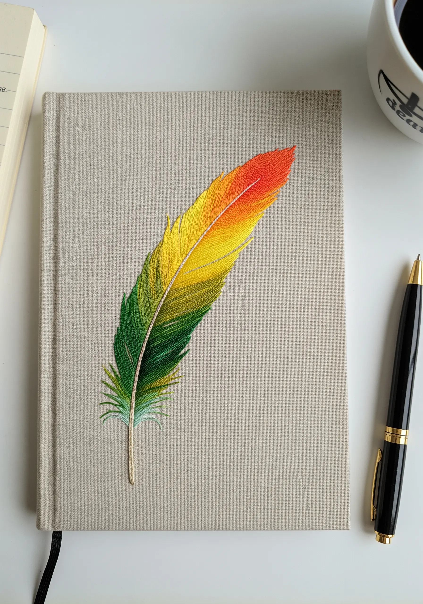 An embroidered feather with a red, yellow, and green gradient on a fabric notebook cover.