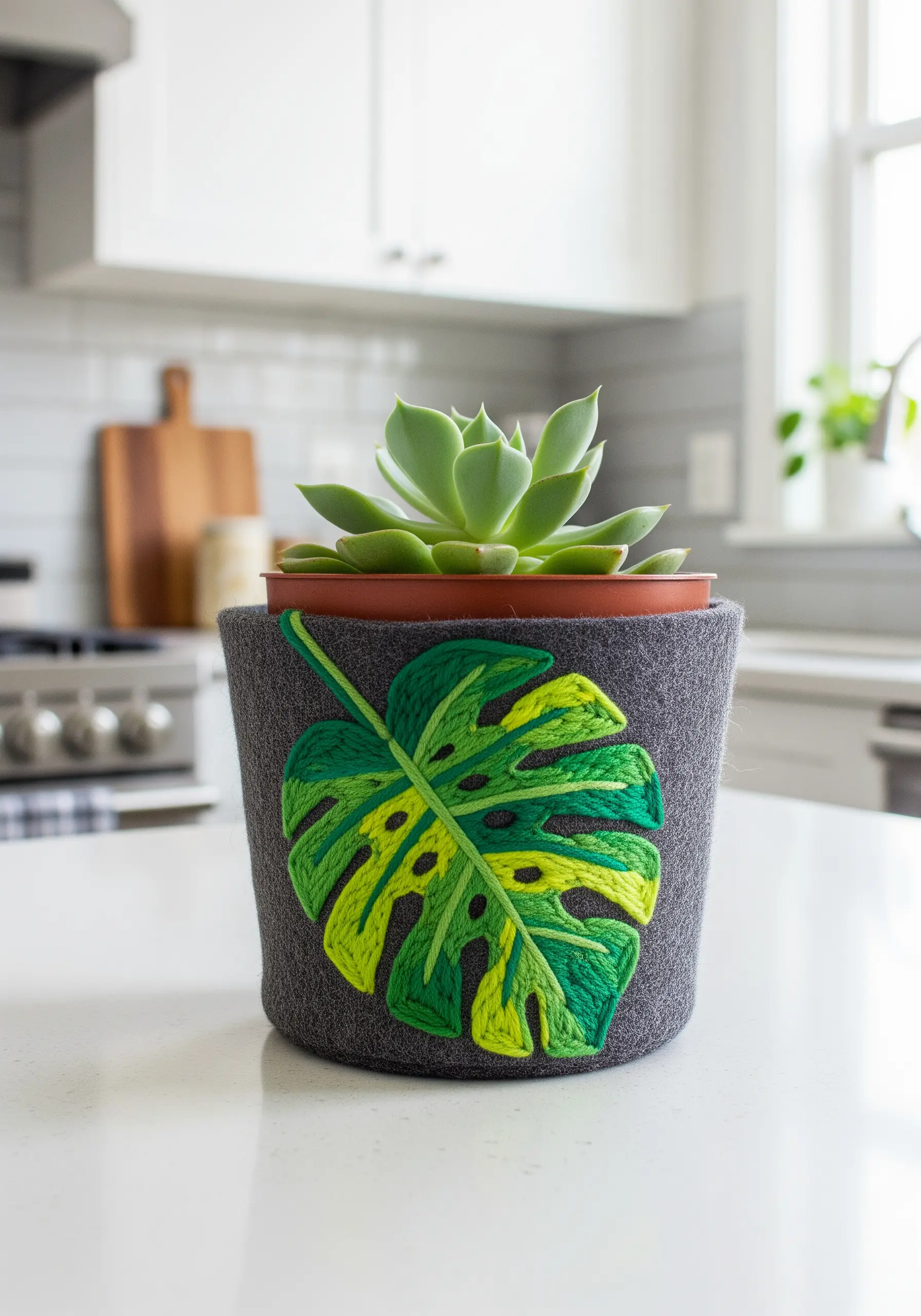 A large monstera leaf embroidered with bold satin stitch on a gray felt planter.