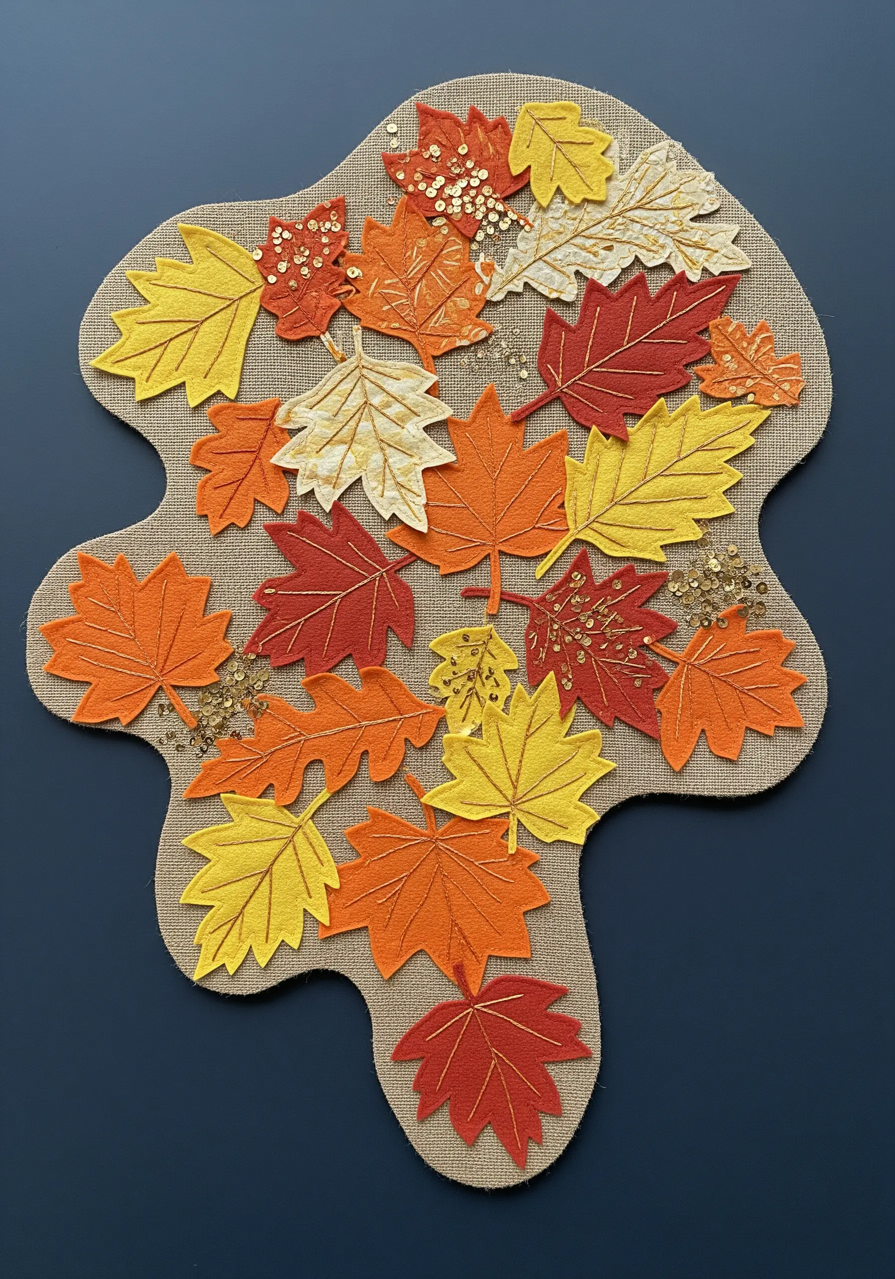 A collage of autumn-colored felt leaves embellished with stitches and gold sequins.
