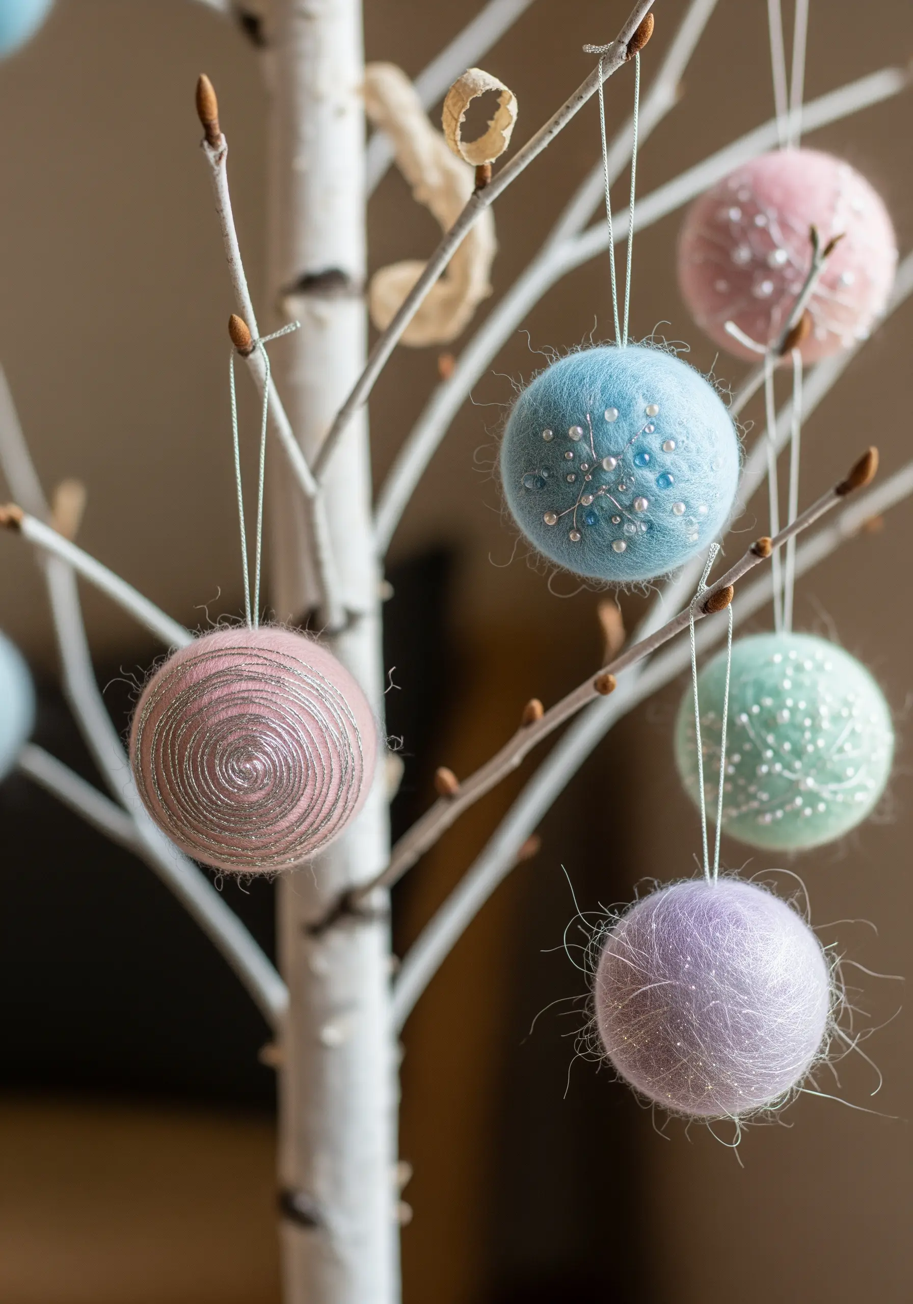 Pastel-colored felted wool ornaments embellished with beads and metallic thread.
