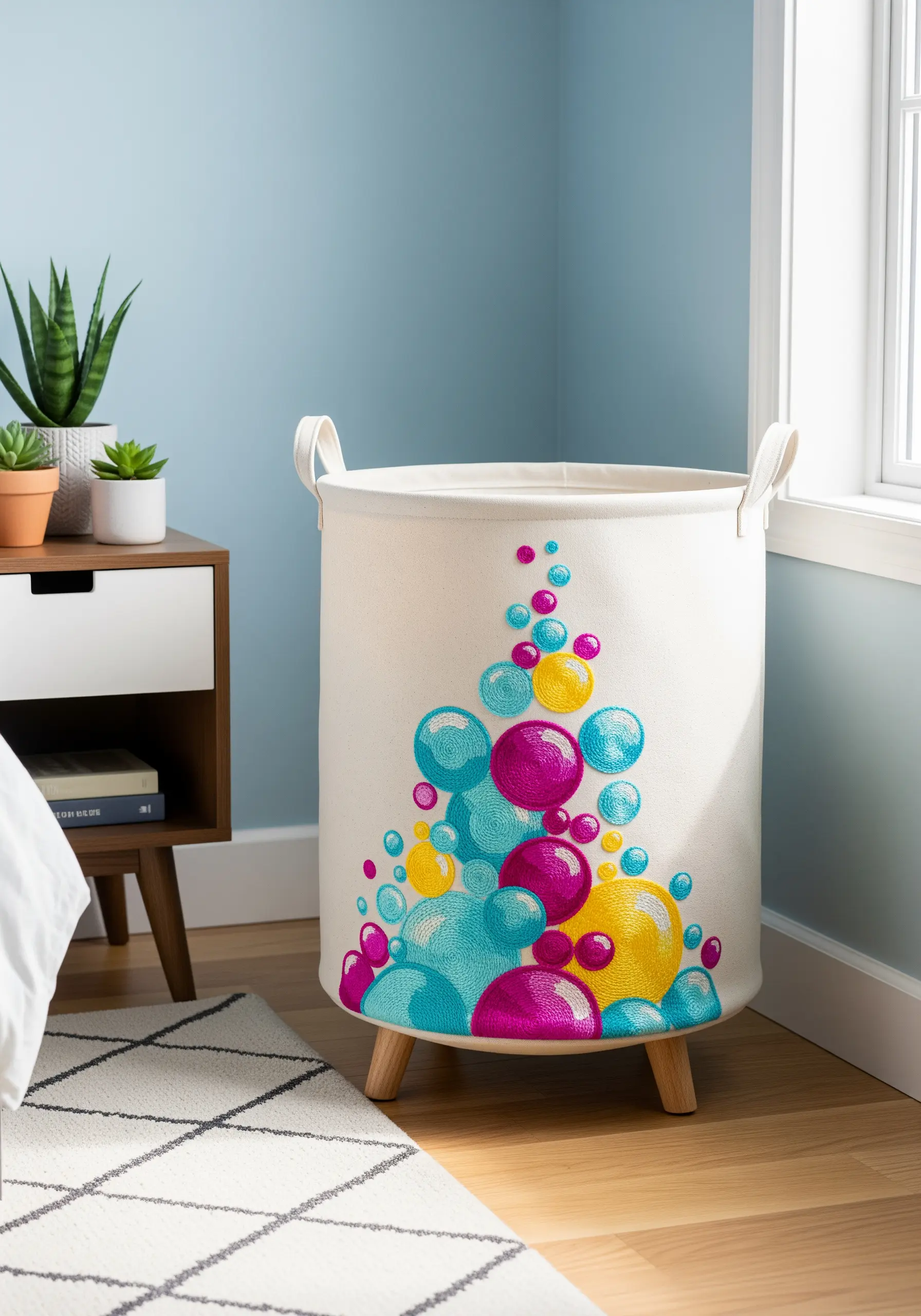 Canvas laundry hamper decorated with colorful, shiny embroidered bubbles.