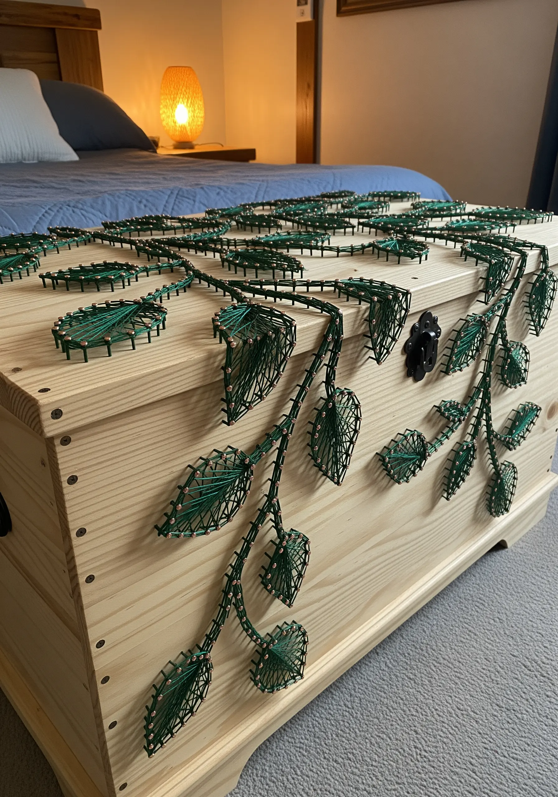 Green string art vines with leaves wrapped around the top and side of a pine hope chest.