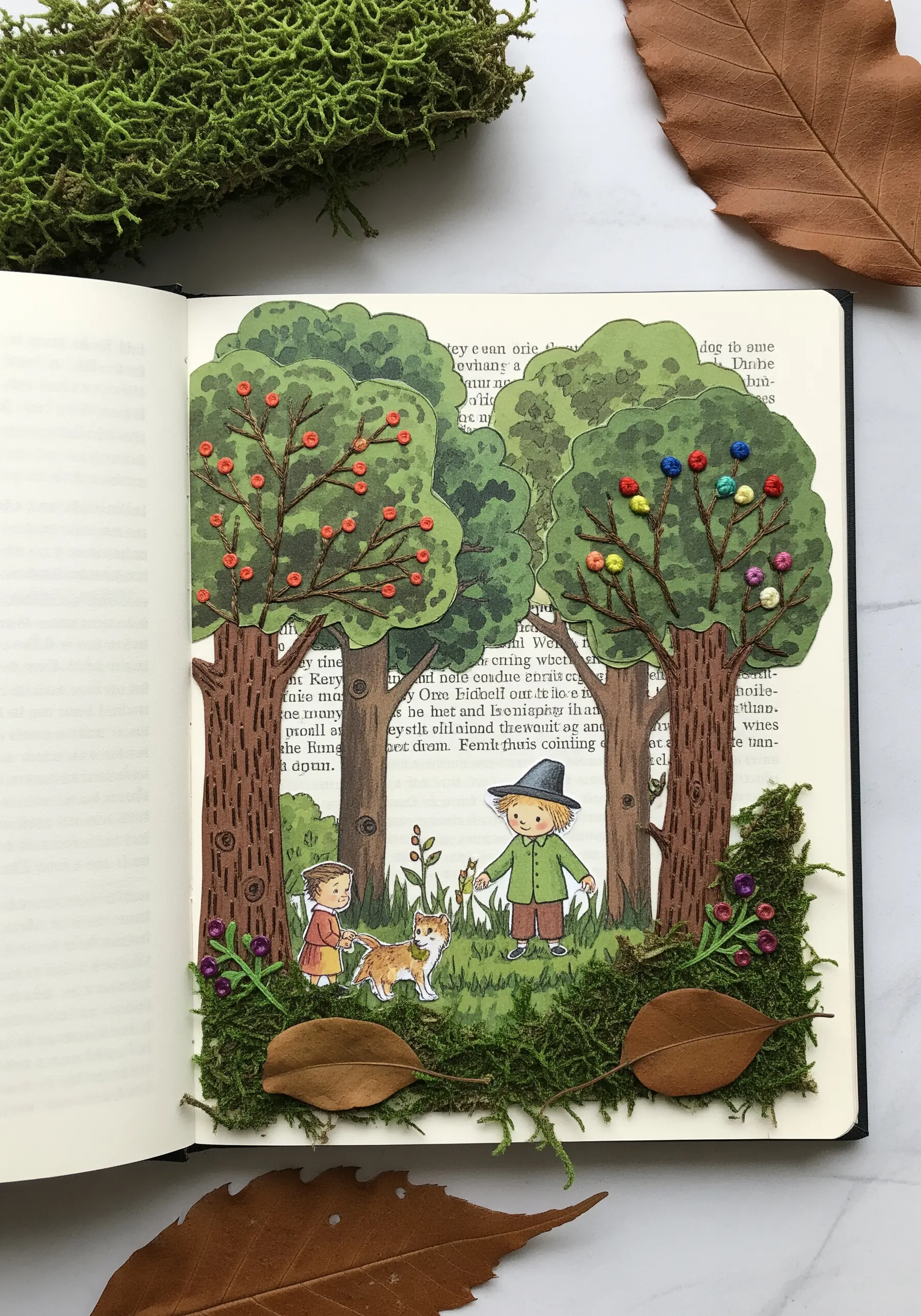 A storybook illustration collage where trees are embellished with colorful French knots.