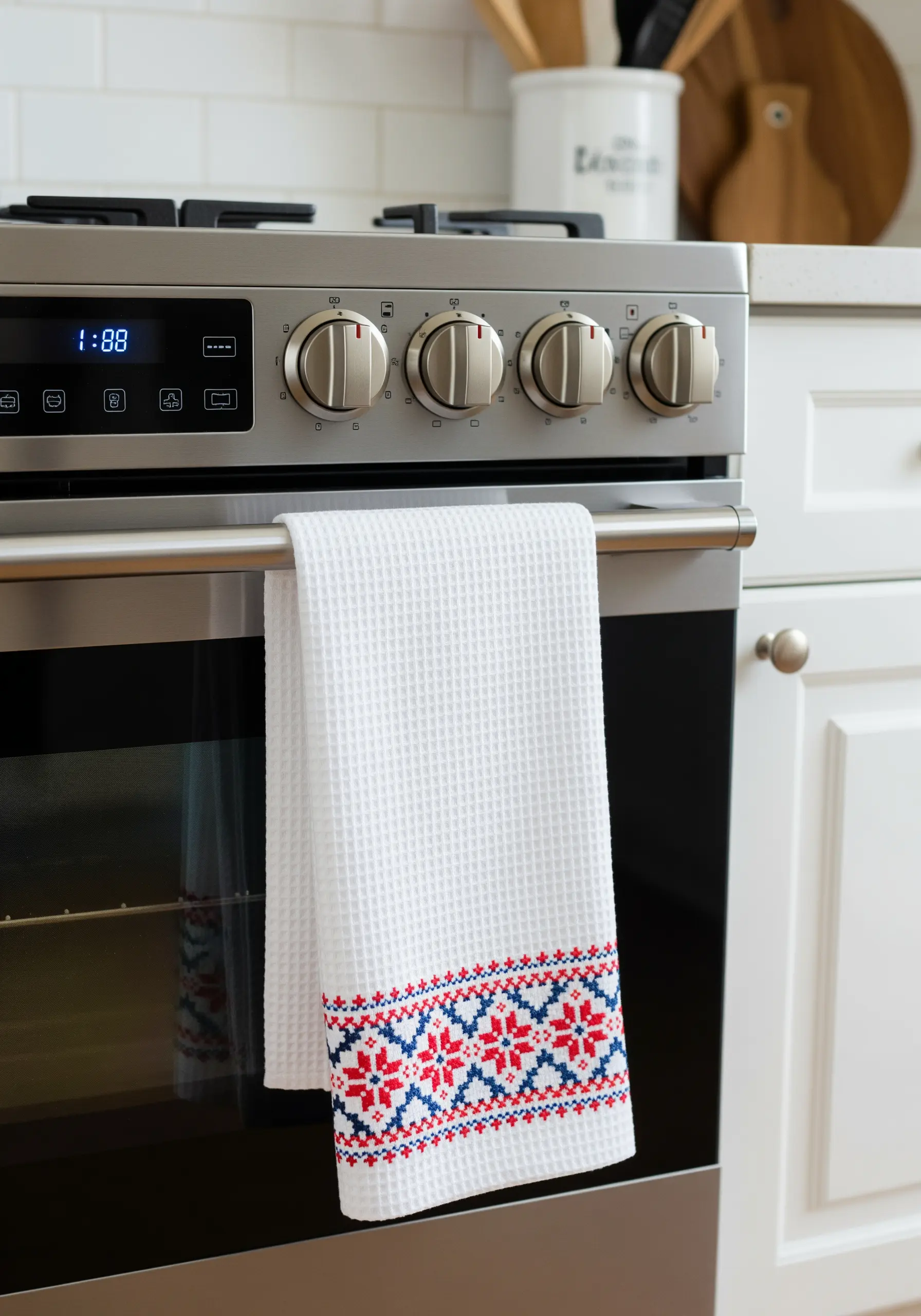 A white waffle-weave kitchen towel with a red and blue Nordic-style cross-stitch border.