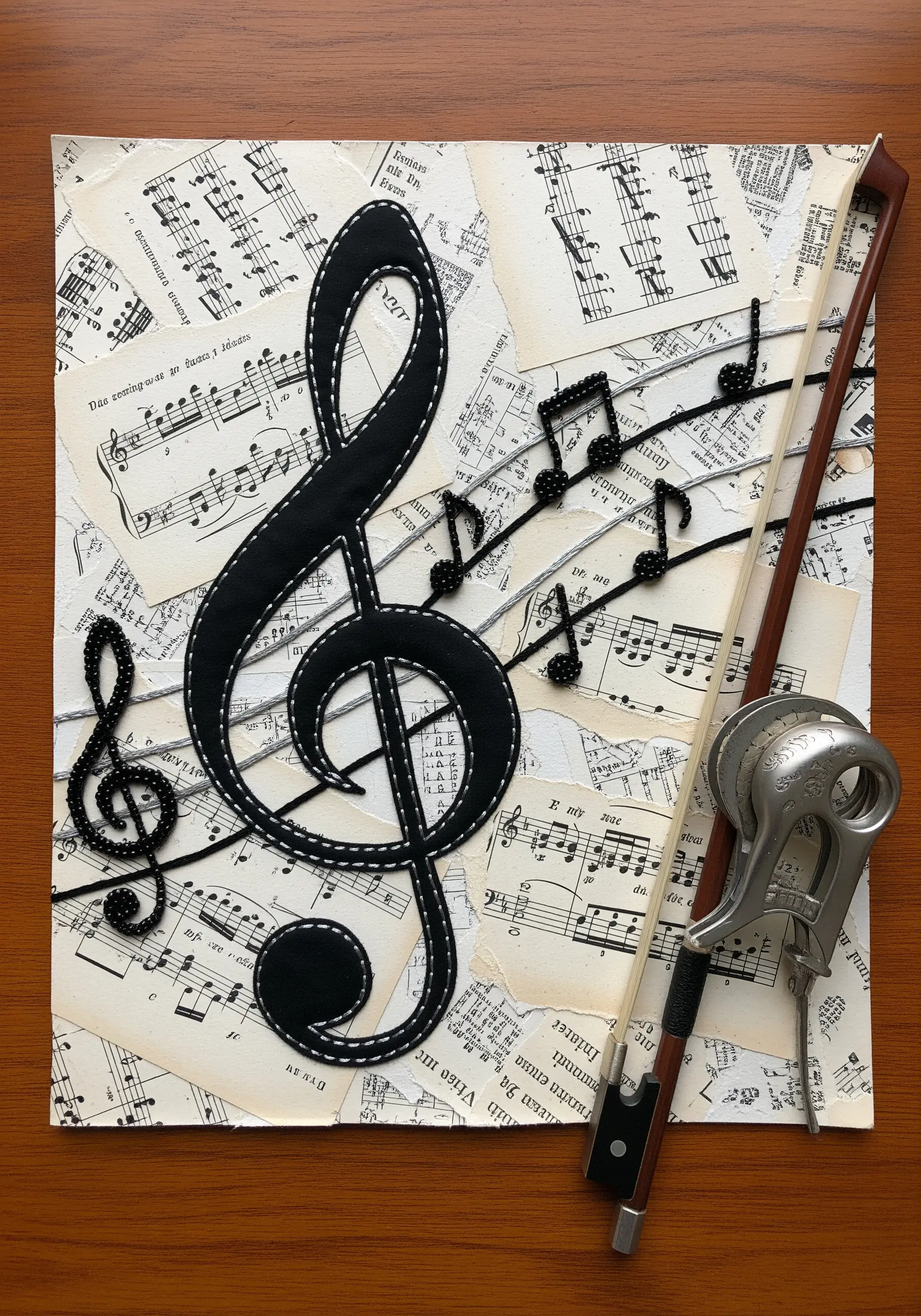A collage of sheet music featuring a large fabric treble clef and smaller beaded musical notes.