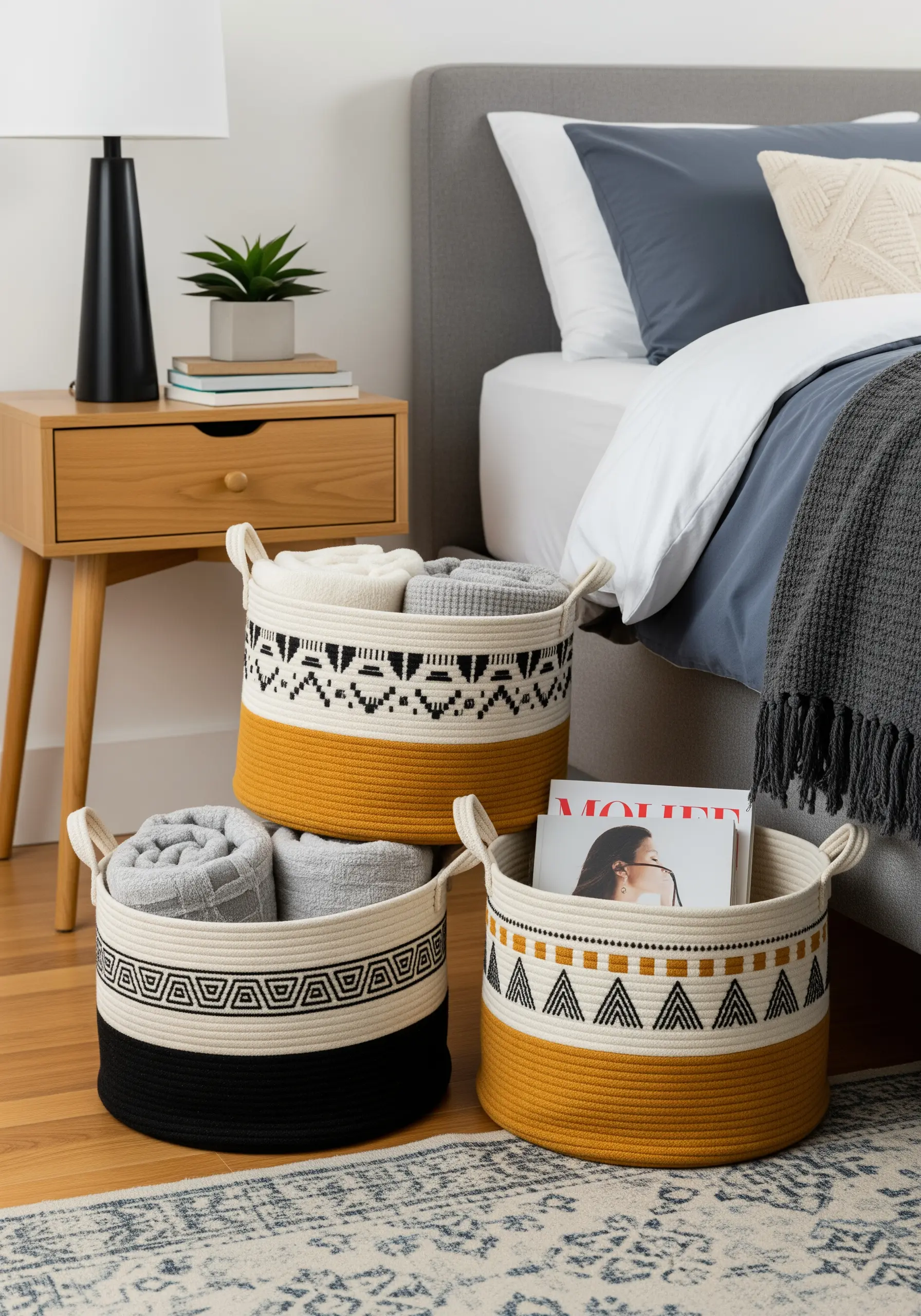Coiled rope storage baskets with black and white geometric embroidery patterns.