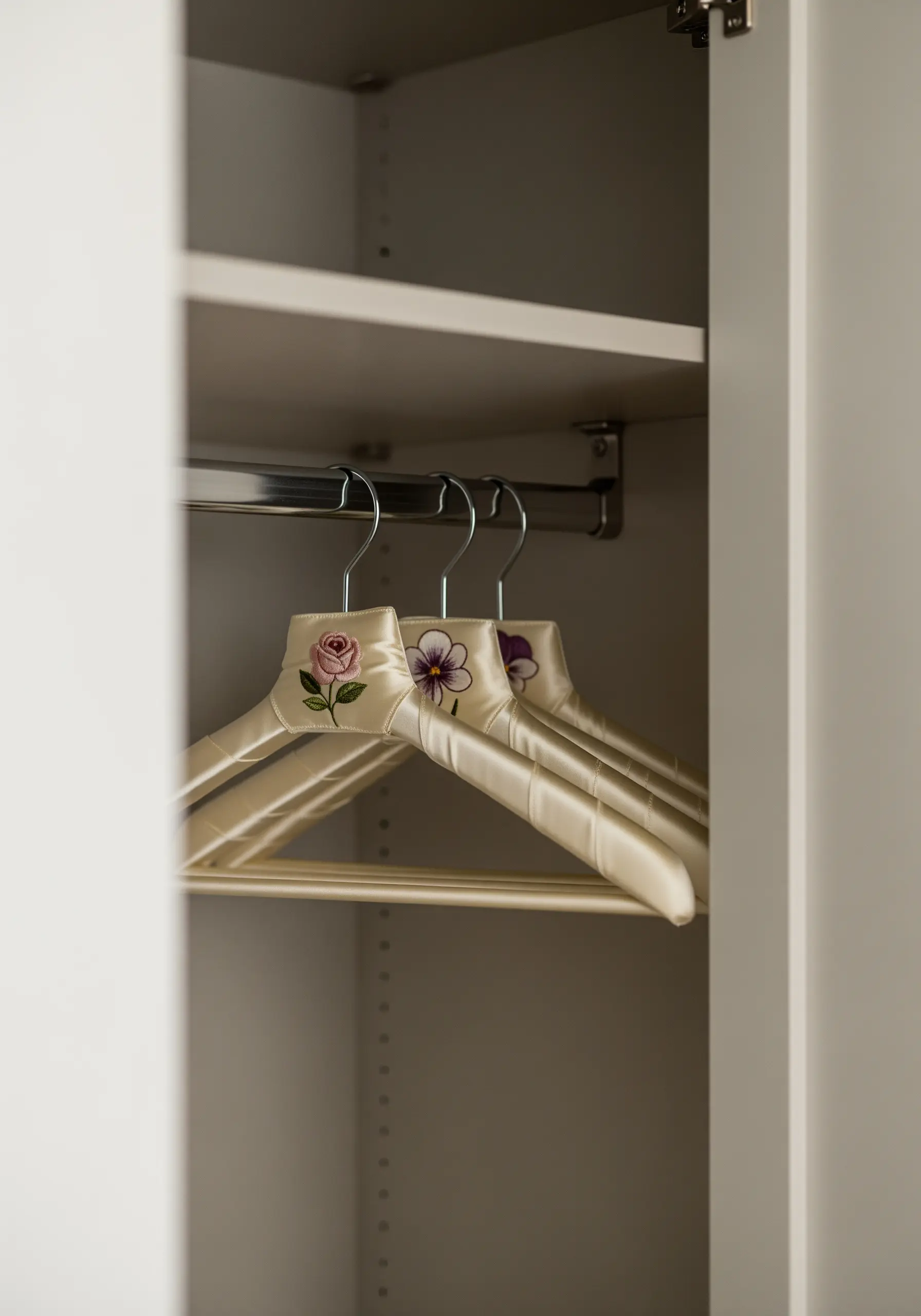 Tiny floral embroidery on the corner of cream-colored satin hangers.