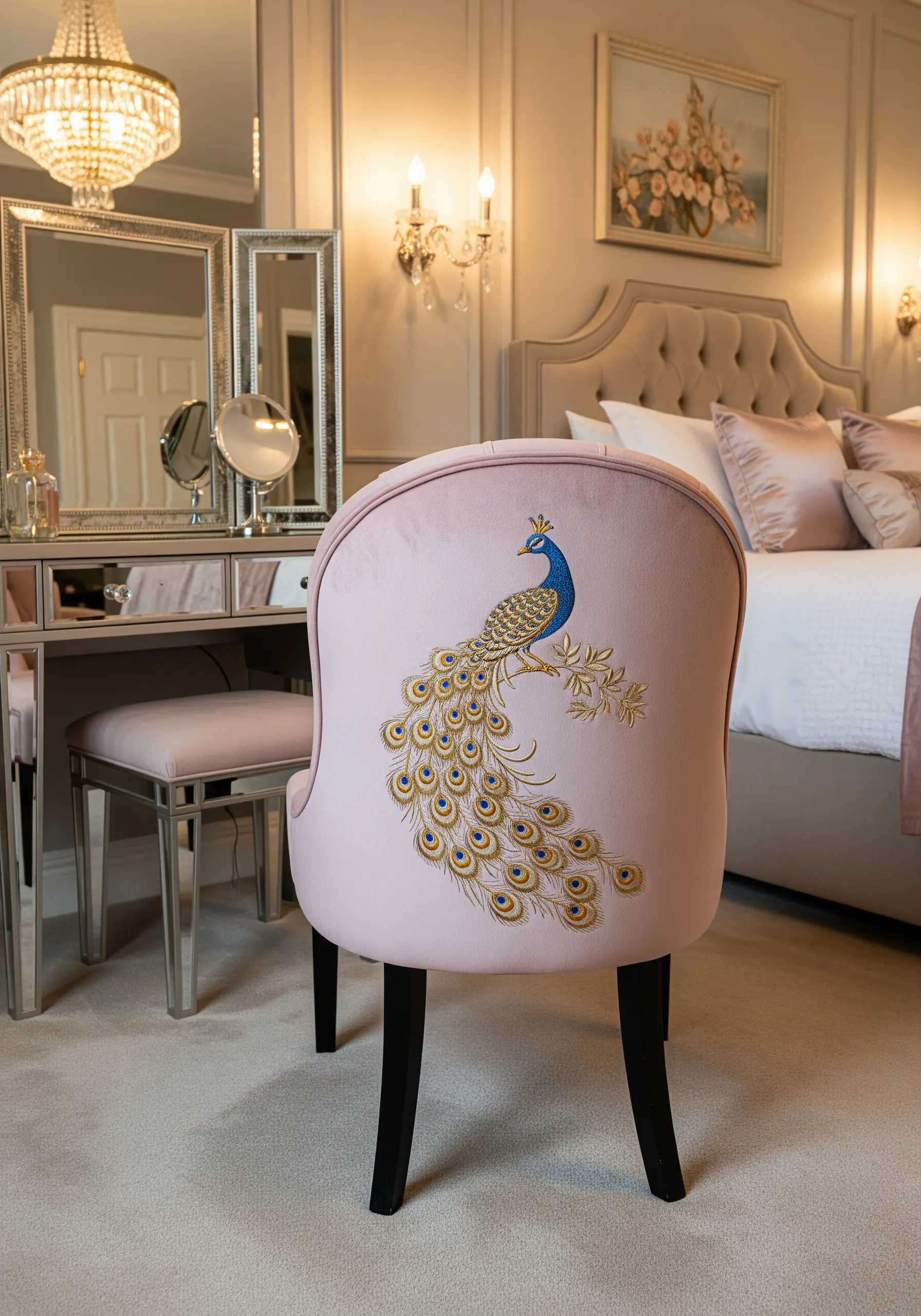 A pale pink velvet chair with an elegantly embroidered peacock with a flowing gold and blue tail.