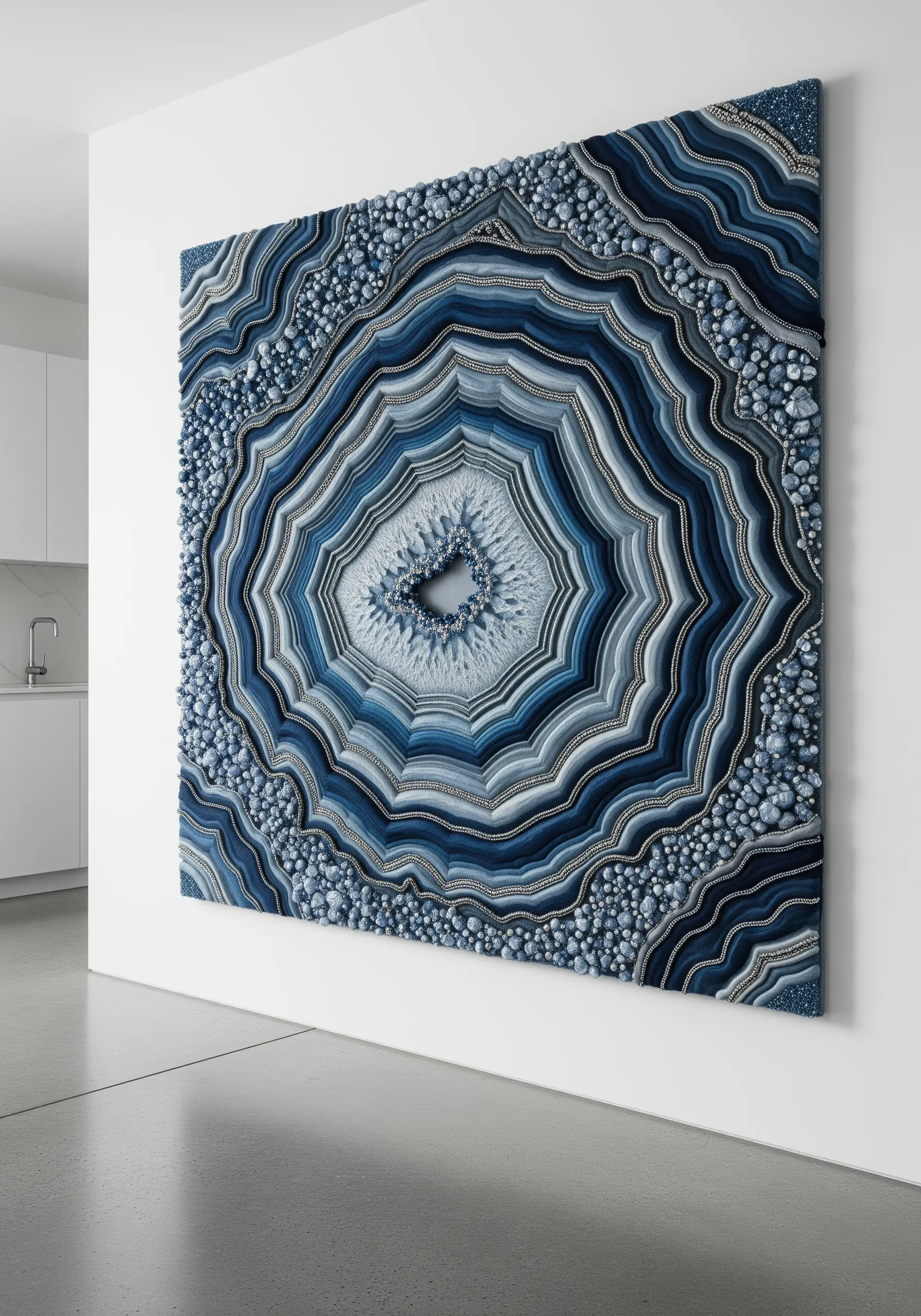 A large, square embroidered wall art of a blue geode slice with extensive beading