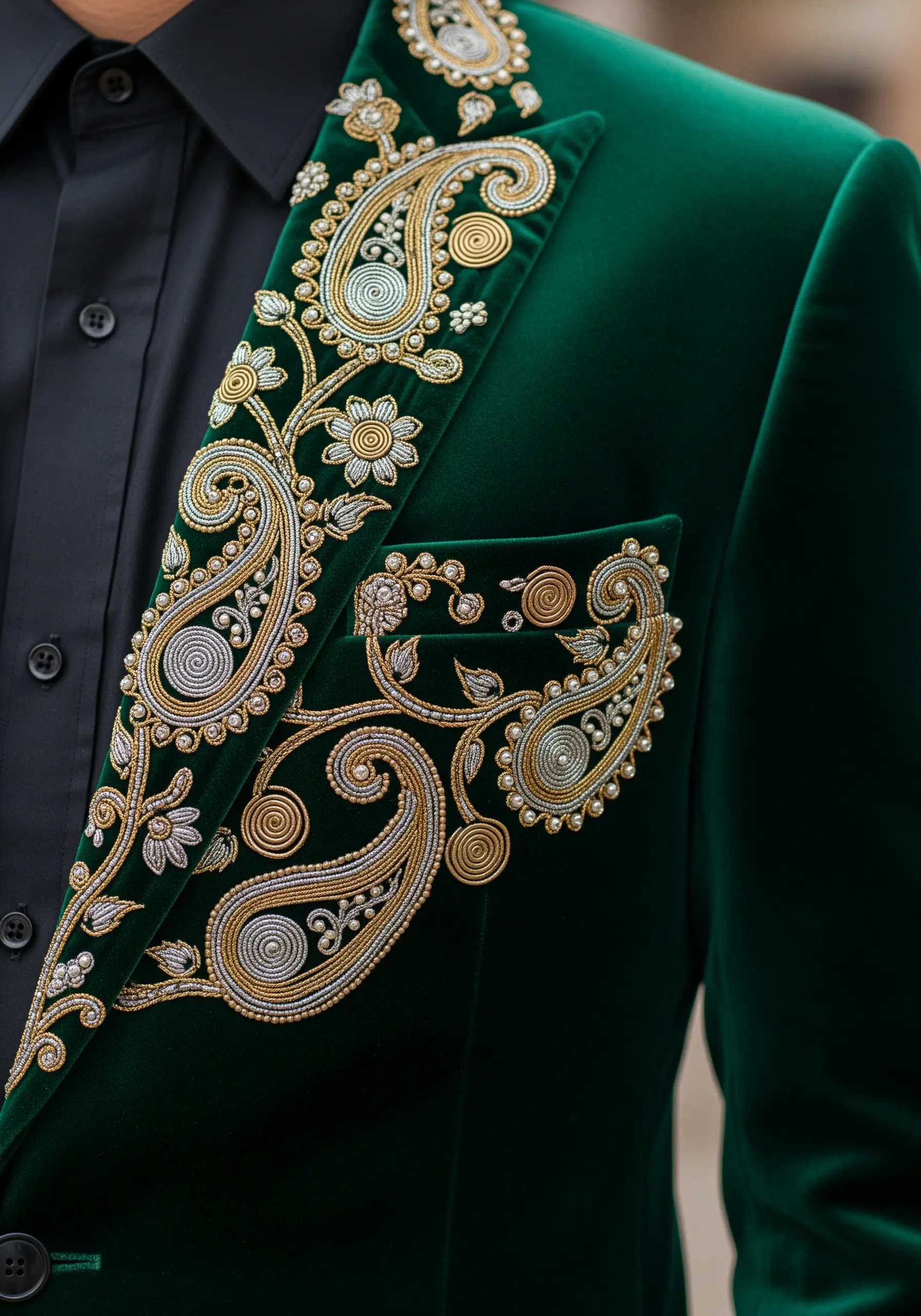 Ornate gold and silver metallic thread embroidery with pearls on the lapel of a green velvet jacket.