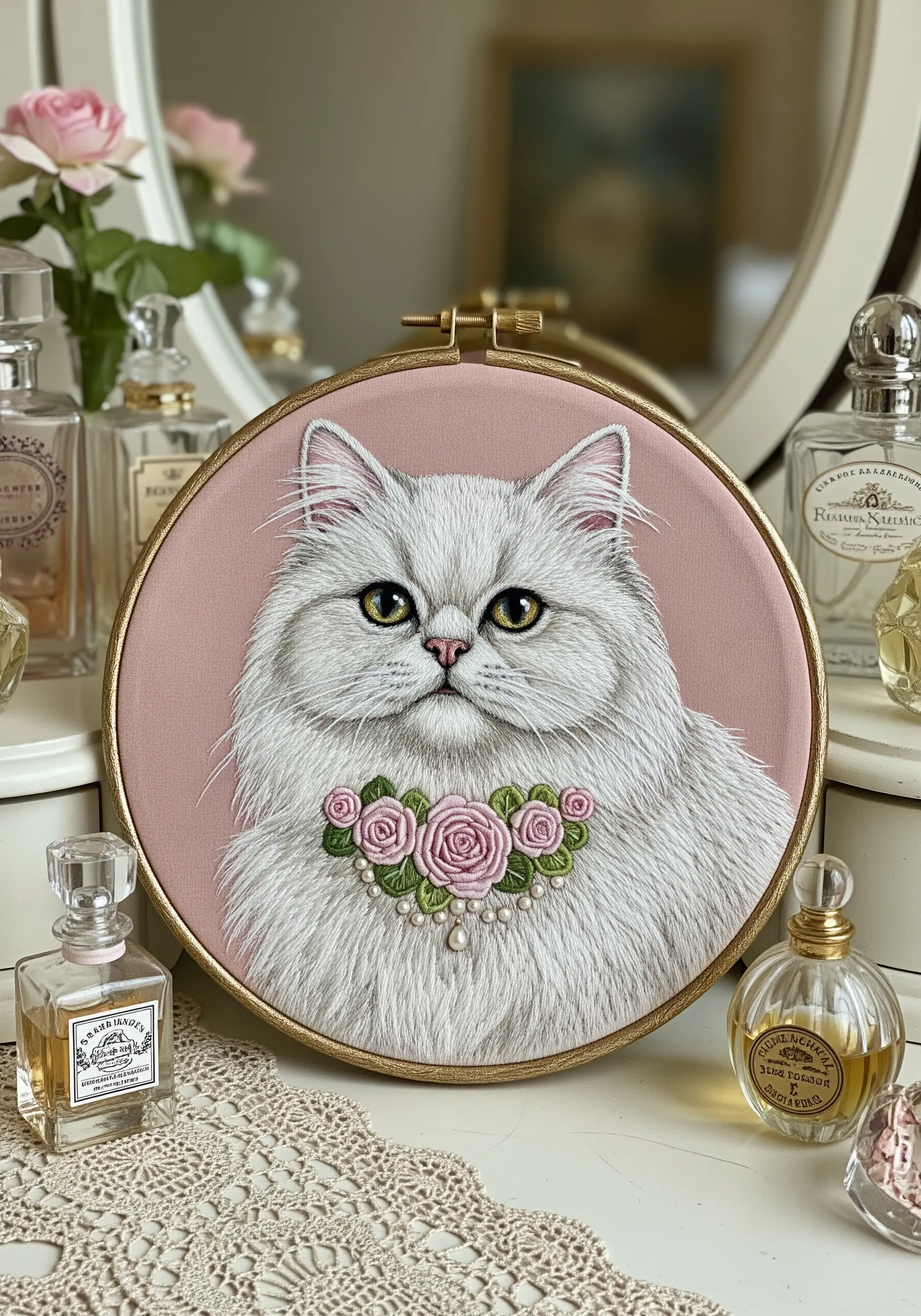 Elegant embroidery of a white Persian cat with a collar of pink roses and pearls.