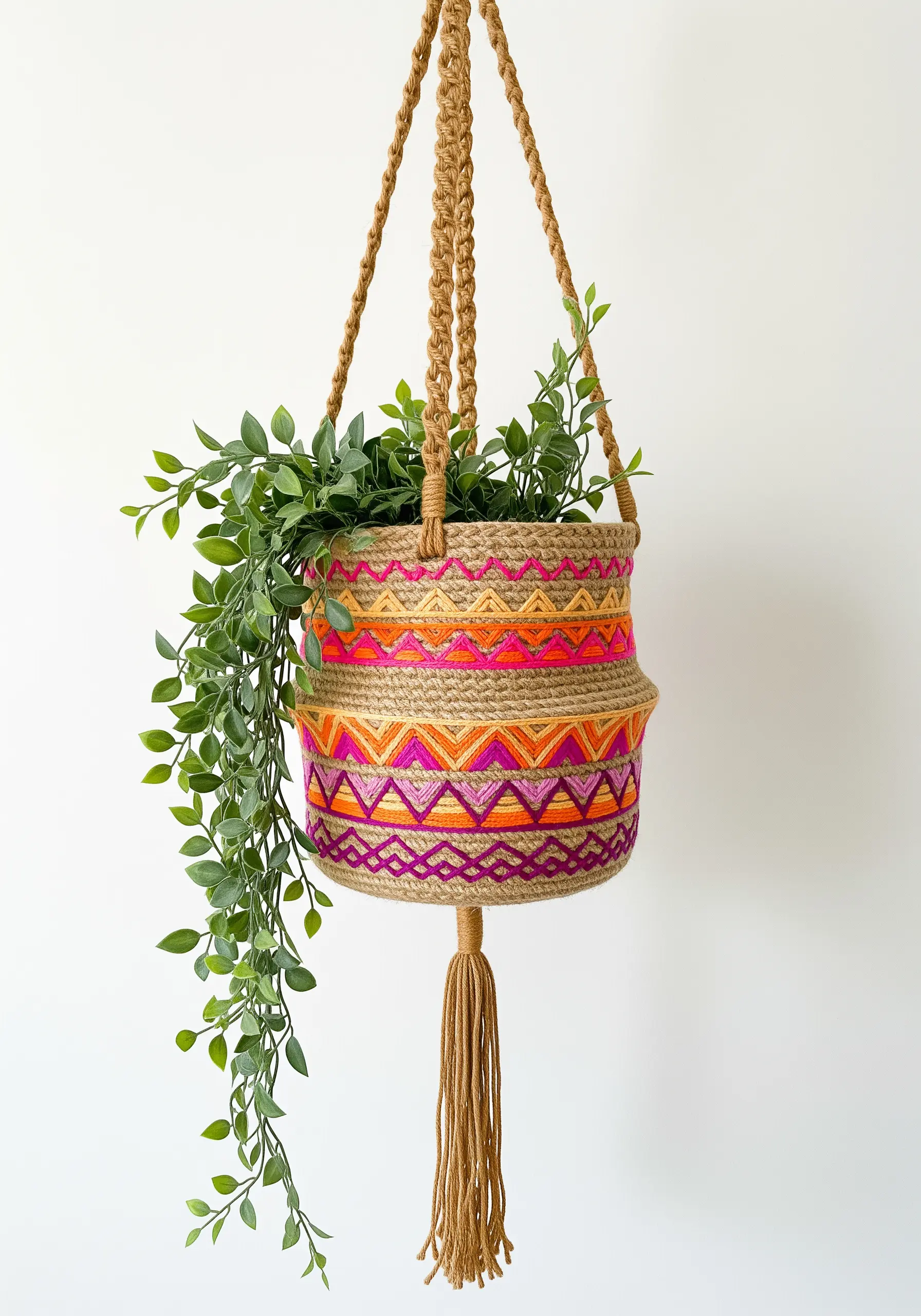 A woven jute hanging planter decorated with colorful geometric patterns in thick yarn.