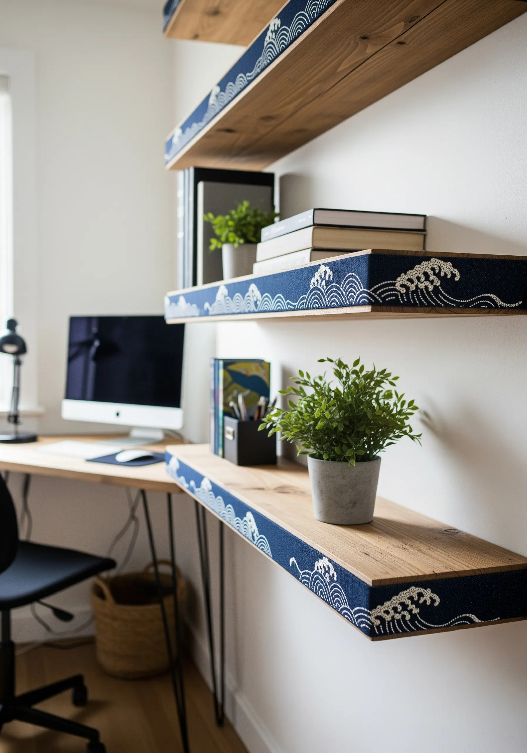 Wooden shelves edged with blue fabric embroidered with a white Japanese wave pattern.
