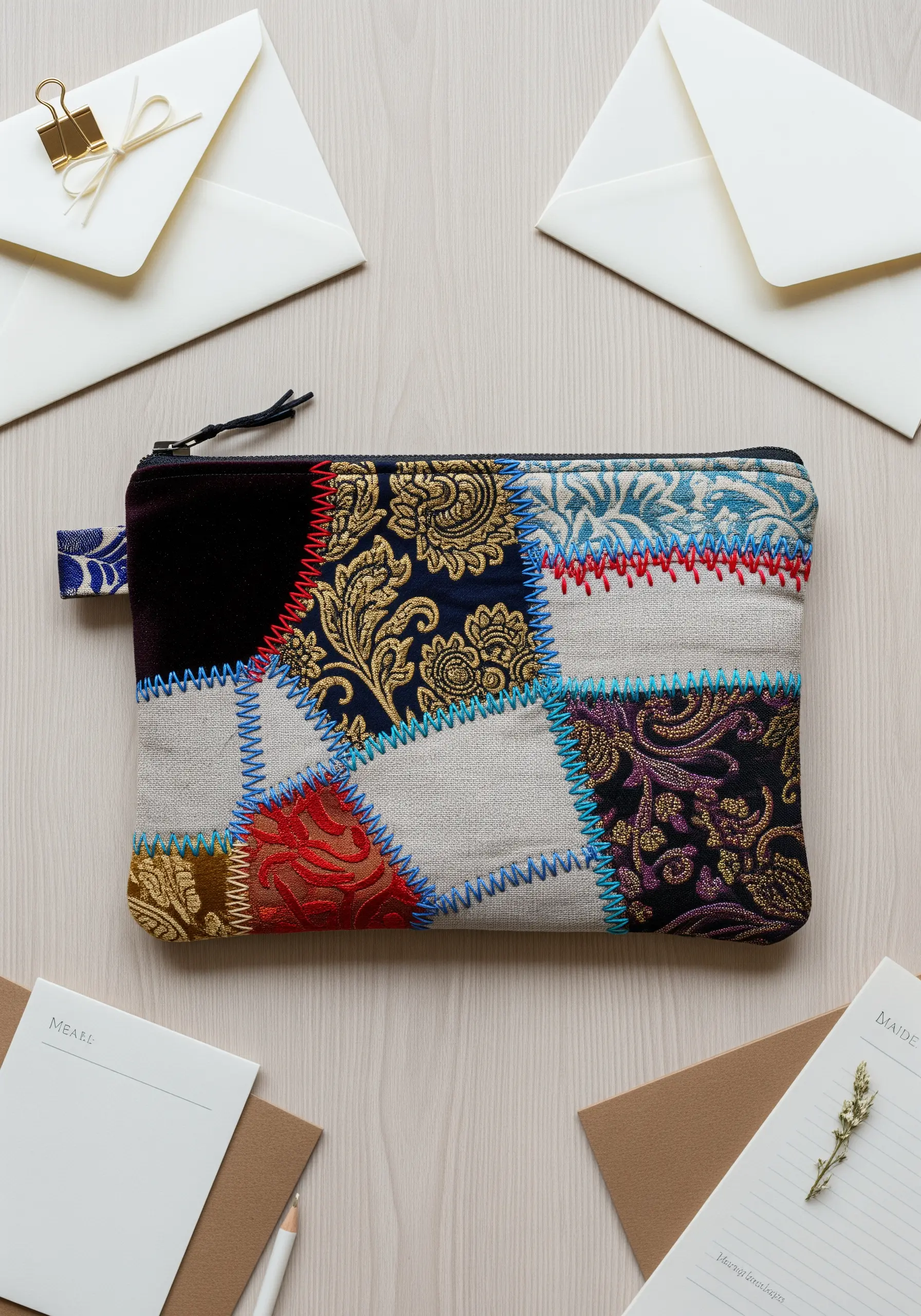 A zippered pouch made of colorful patchwork fabric scraps joined by decorative stitches.