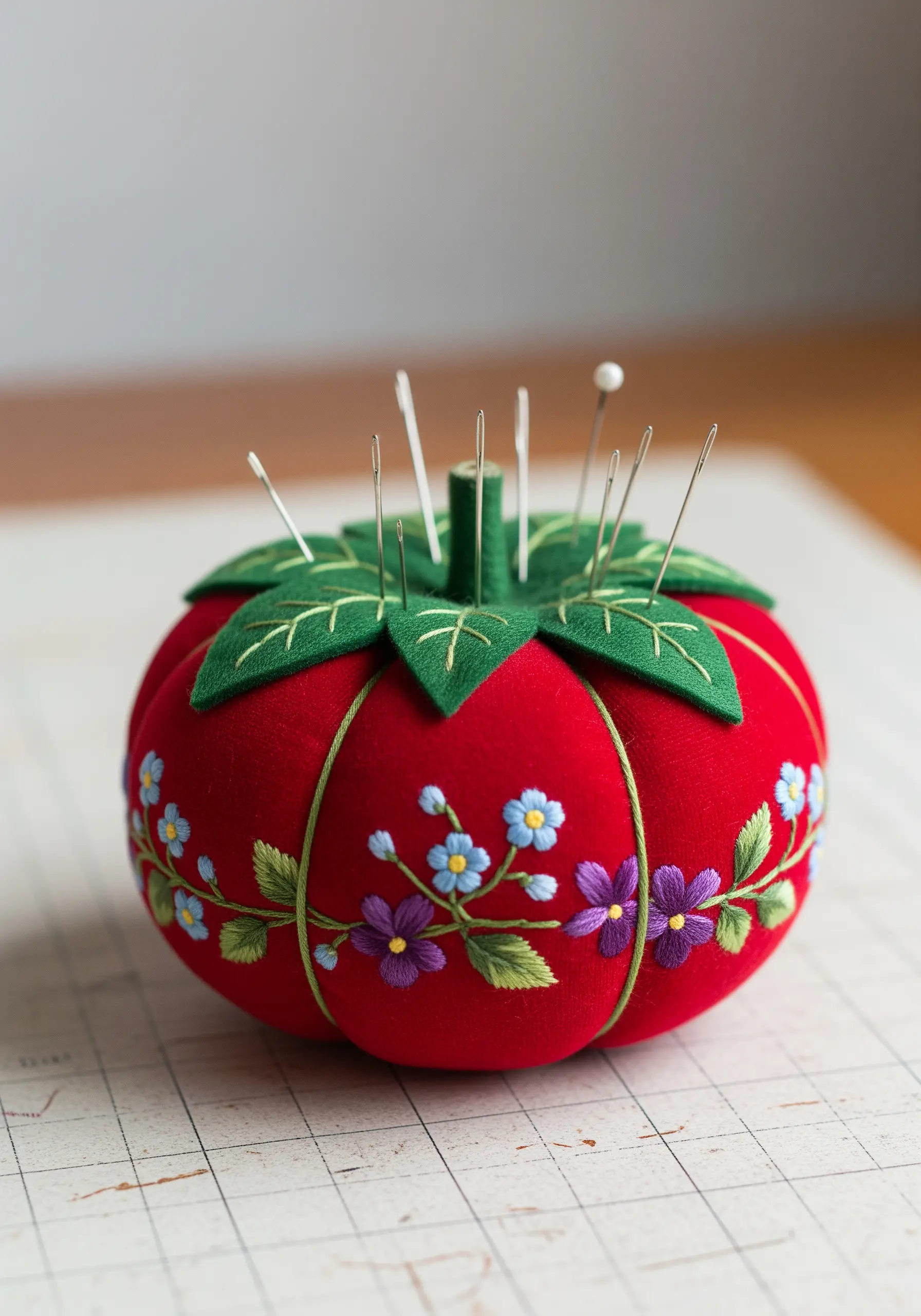 A classic red tomato pincushion decorated with a delicate embroidered floral vine.