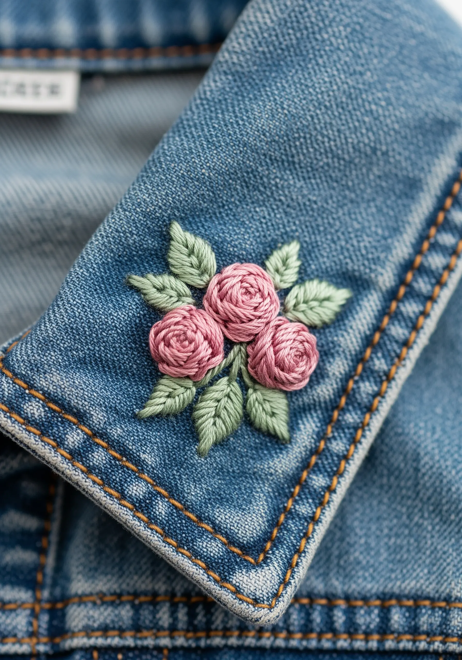 Three pink woven wheel stitch roses with green leaves embroidered on a denim jacket collar.