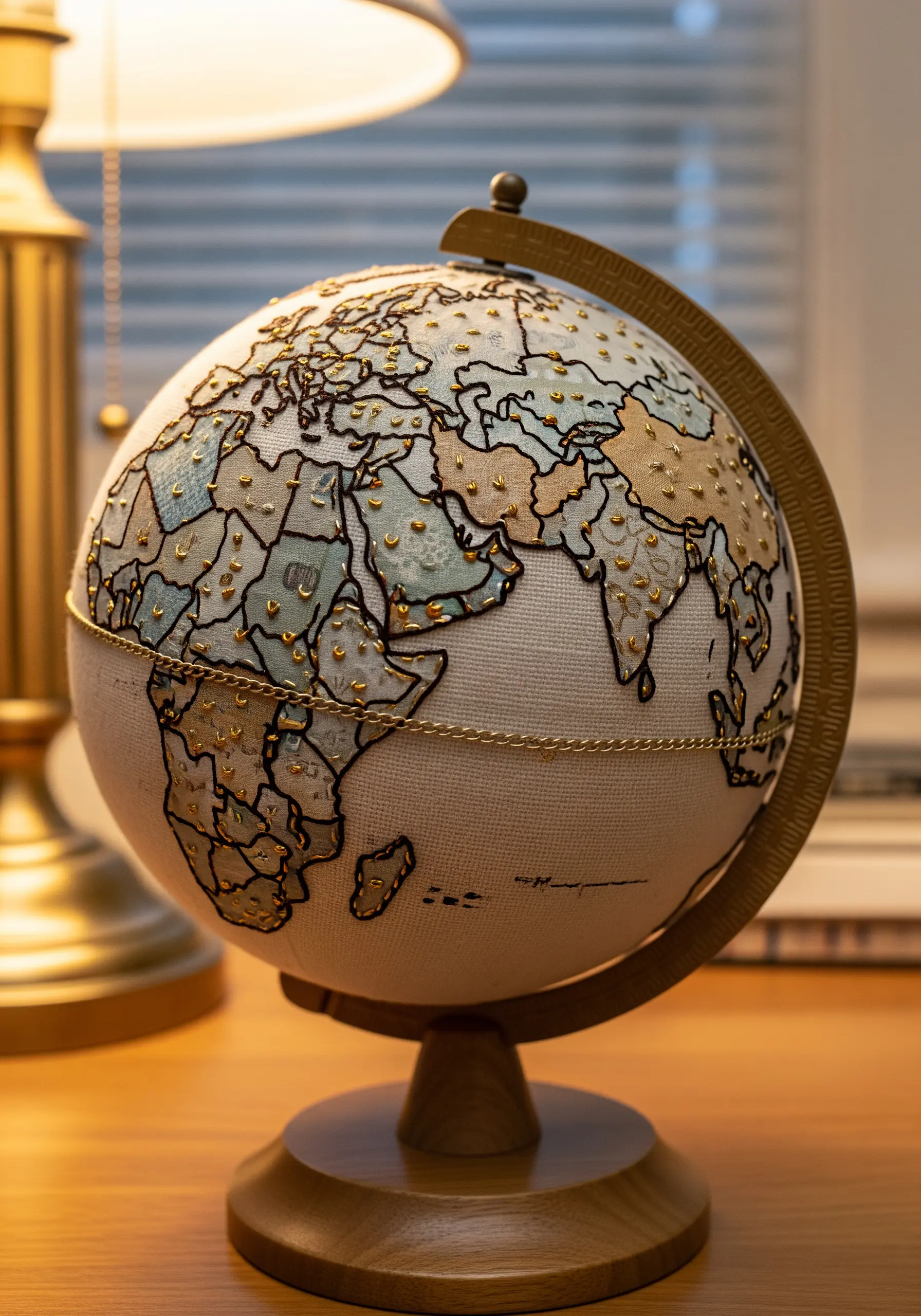 A desktop globe with its continents and countries outlined in embroidery and beads.