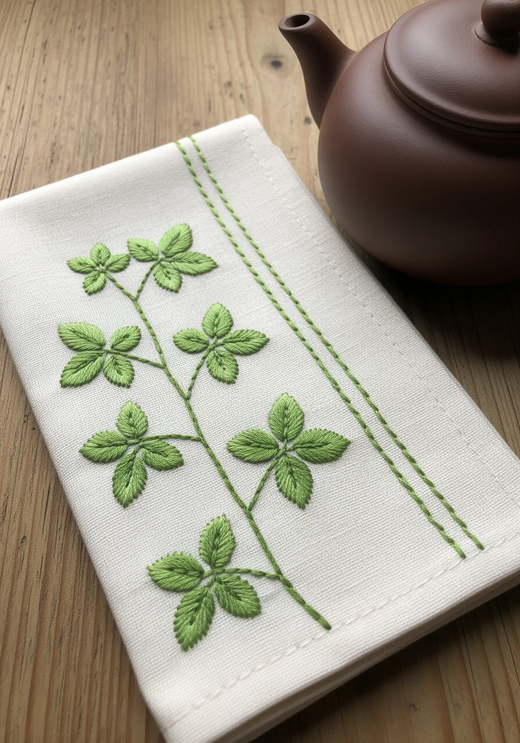 A Jiaogulan vine embroidered with satin stitch leaves on a folded white napkin.