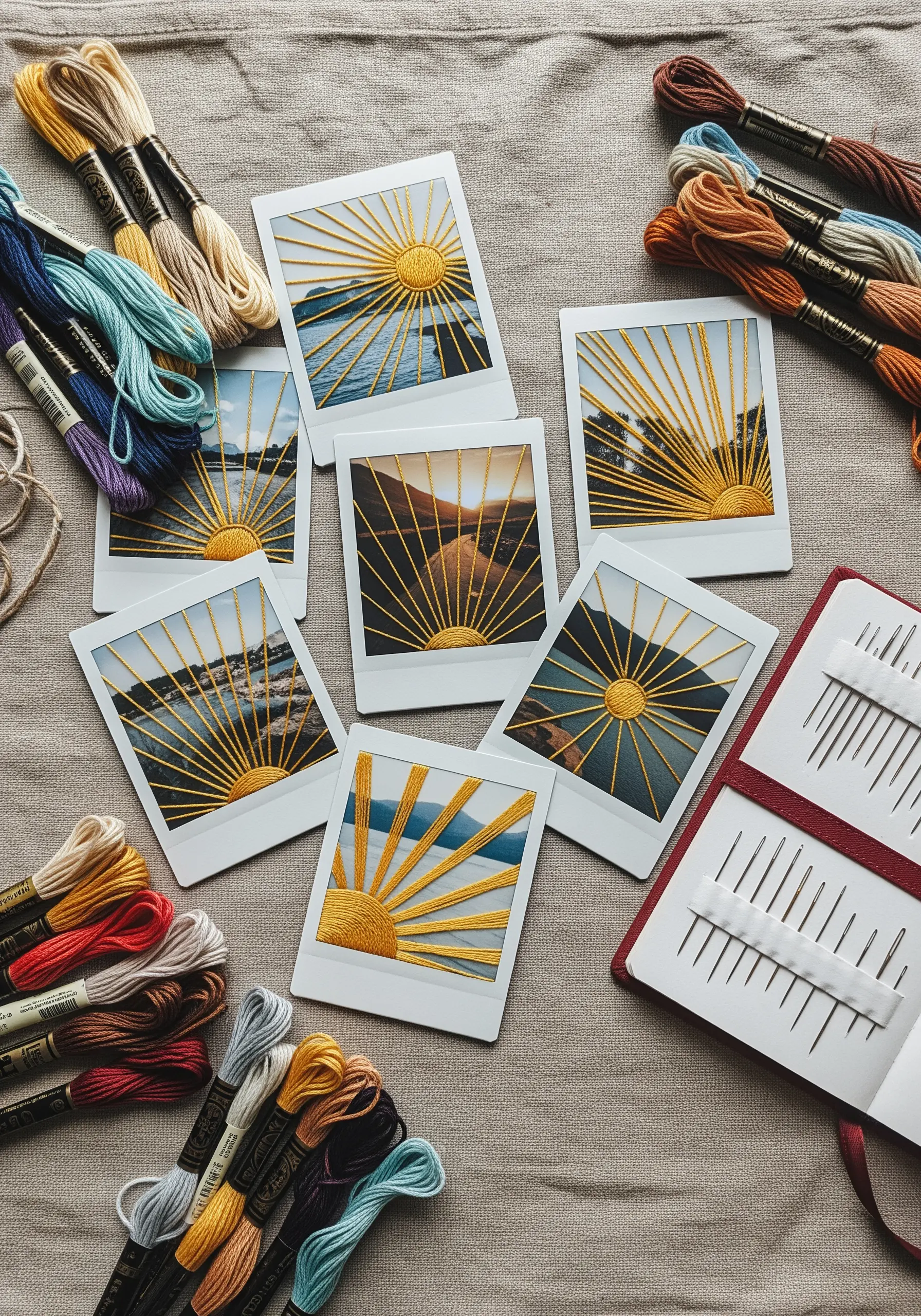 Polaroid photos embroidered with yellow sunburst thread rays