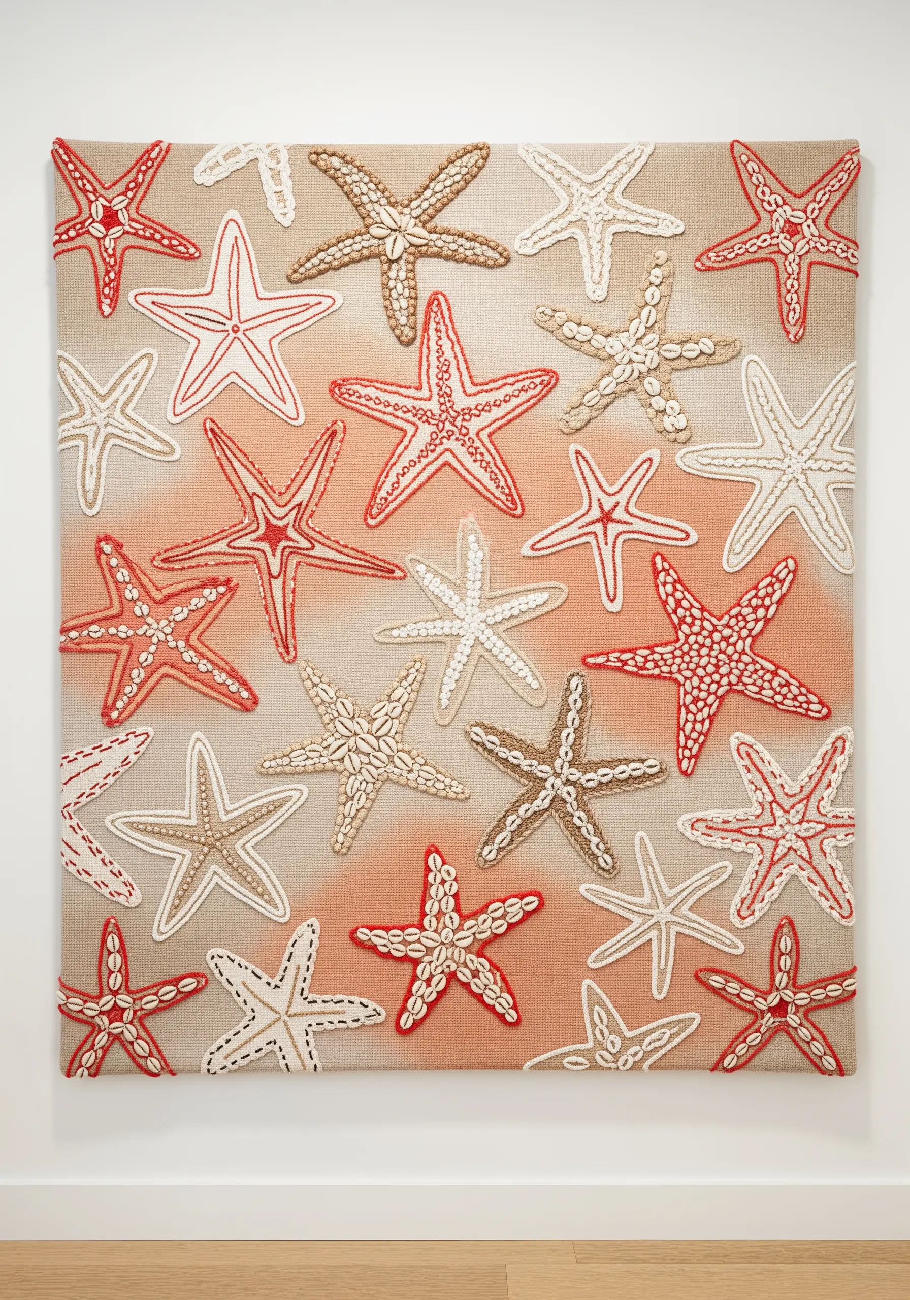 Wall art with embroidered starfish in red and white, embellished with real cowrie shells.