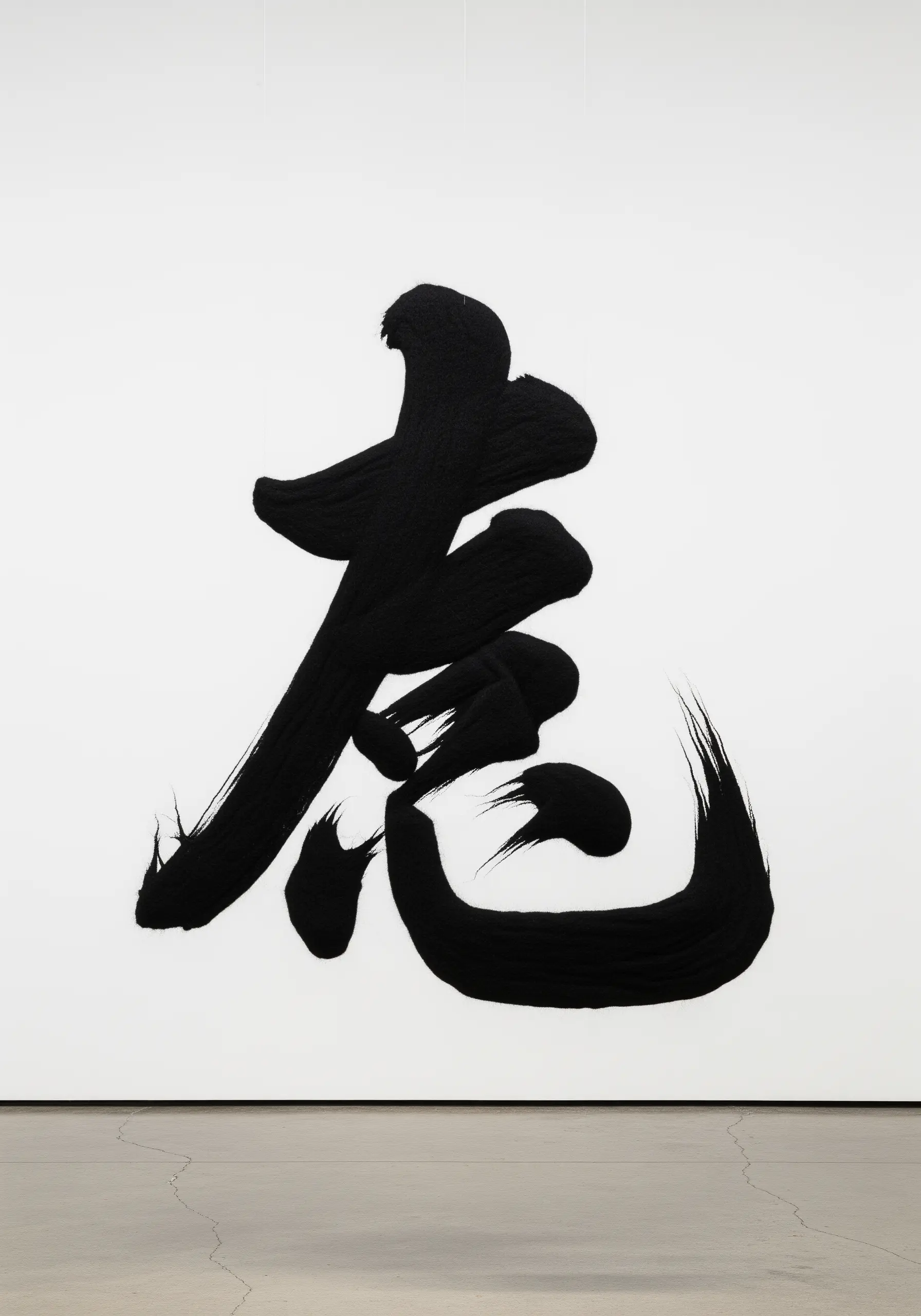 A large, black calligraphic character on a white wall, created with textured black fiber.