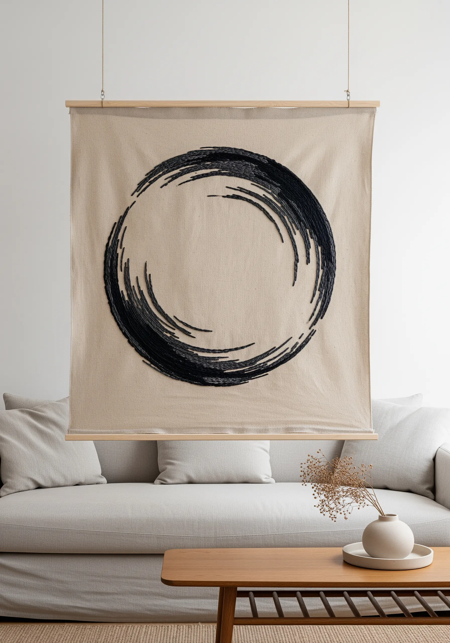 A large embroidered Enso circle with energetic, multi-directional black stitches.