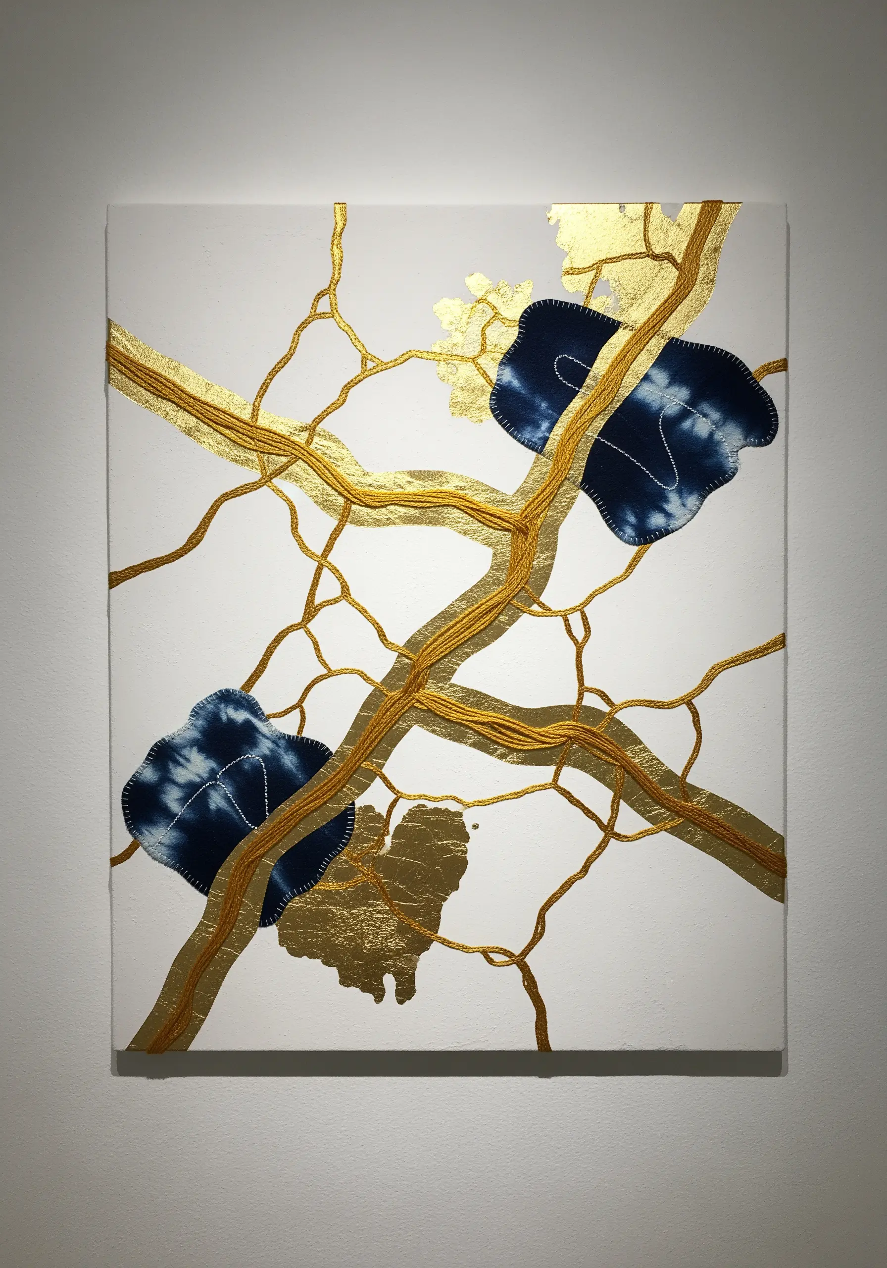 A kintsugi-inspired artwork with couched gold thread and indigo fabric patches on a white canvas.