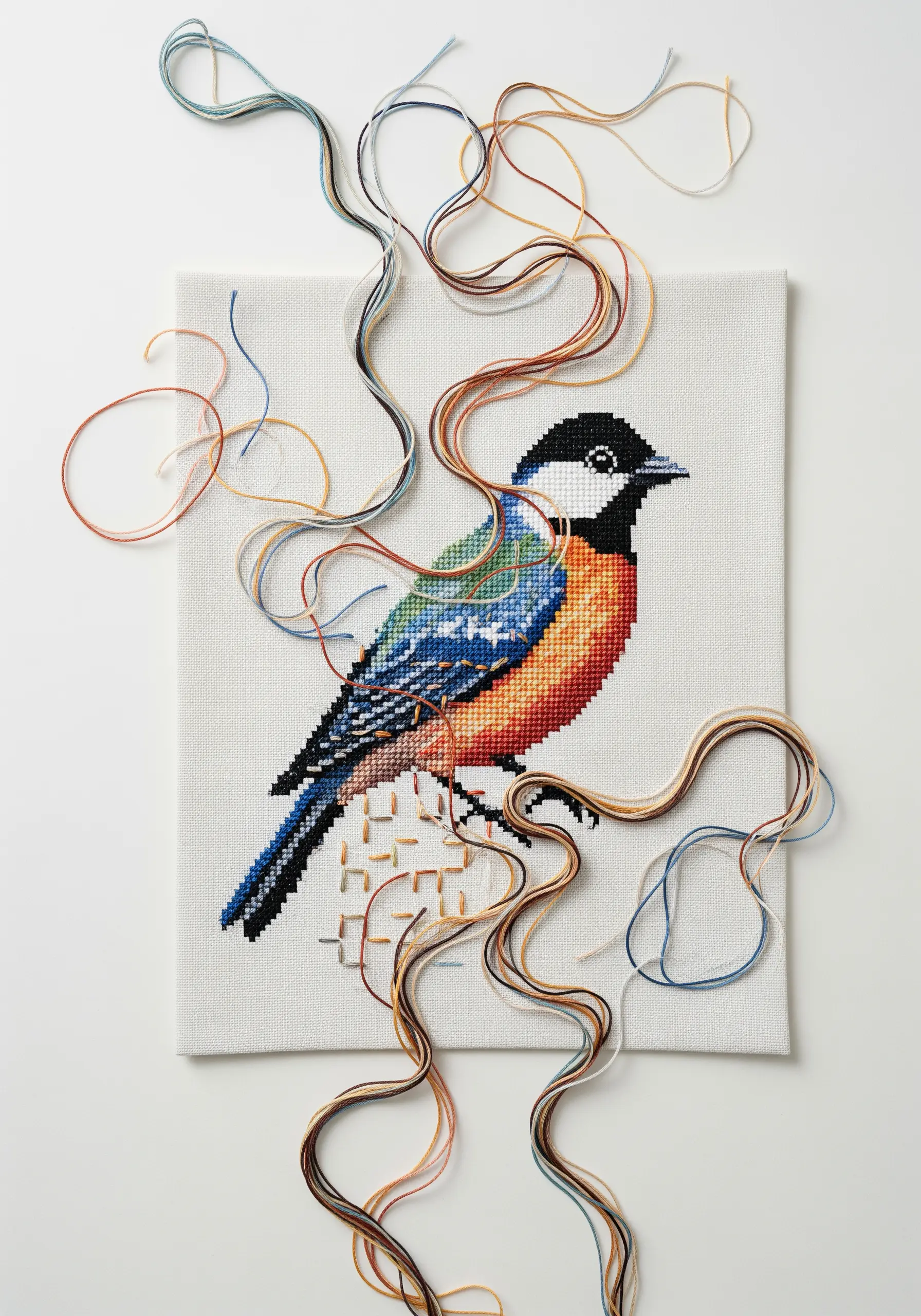 A finished cross-stitch bird on a canvas with loose, untrimmed threads artfully arranged.