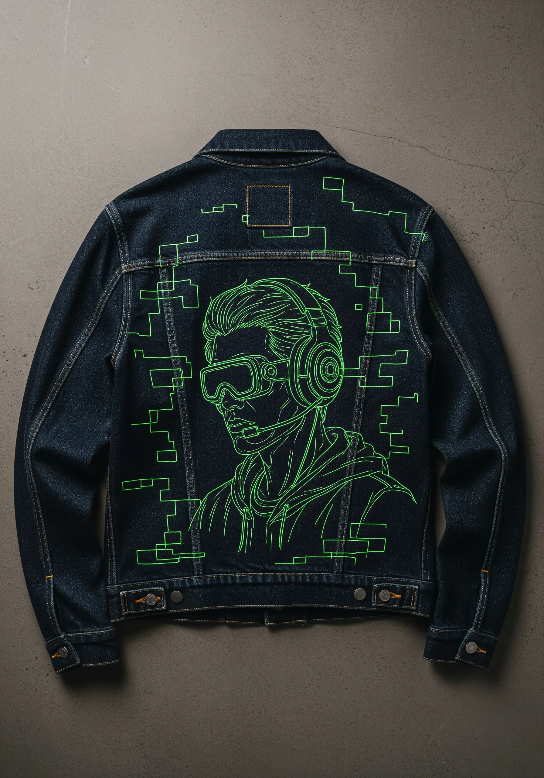 A futuristic portrait on a dark denim jacket, stitched in glowing neon green thread.