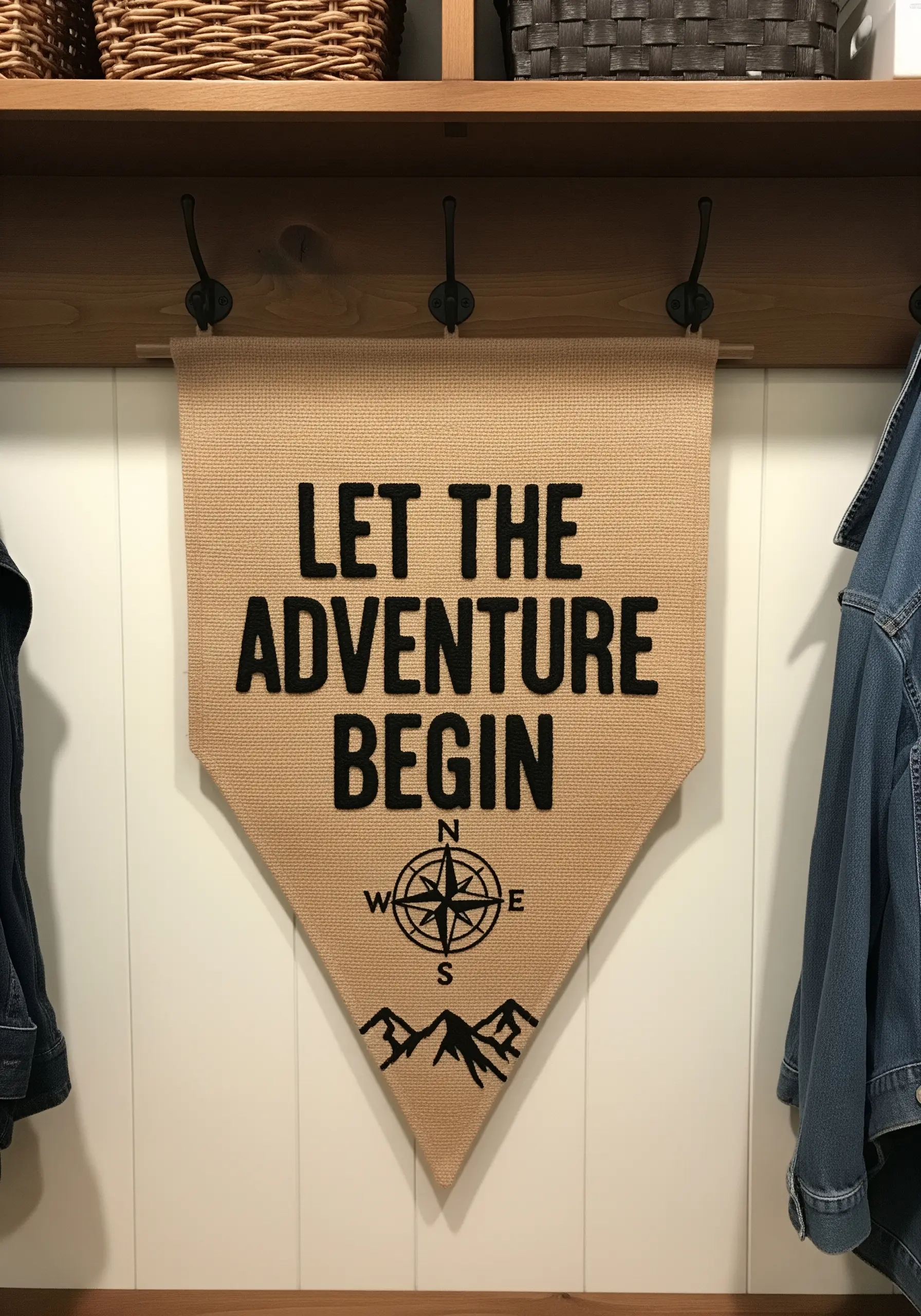 A motivational quote stitched in bold black thread on a rustic burlap pennant banner.