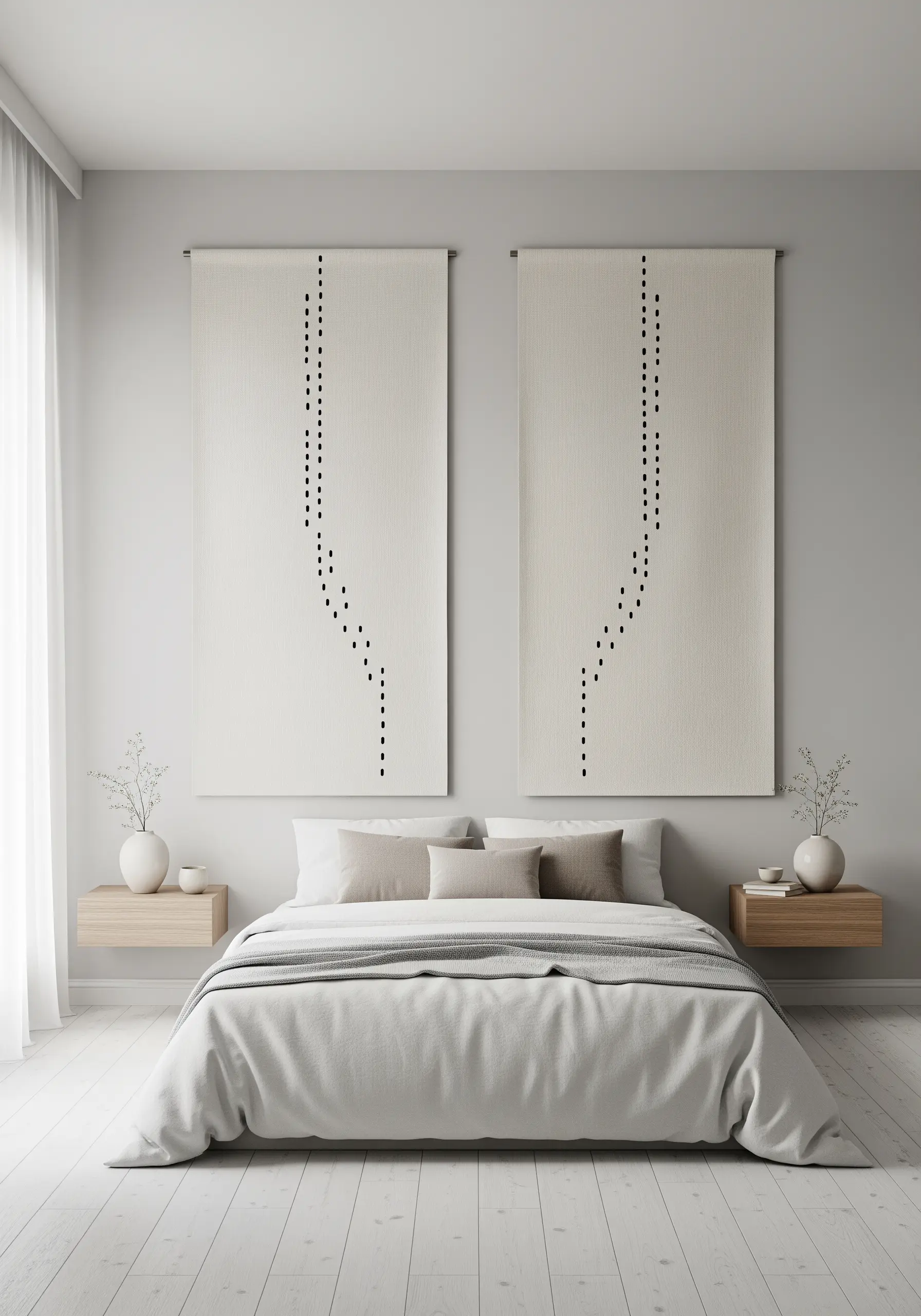 Two large, off-white wall hangings with minimalist, asymmetrical black dotted lines above a bed.