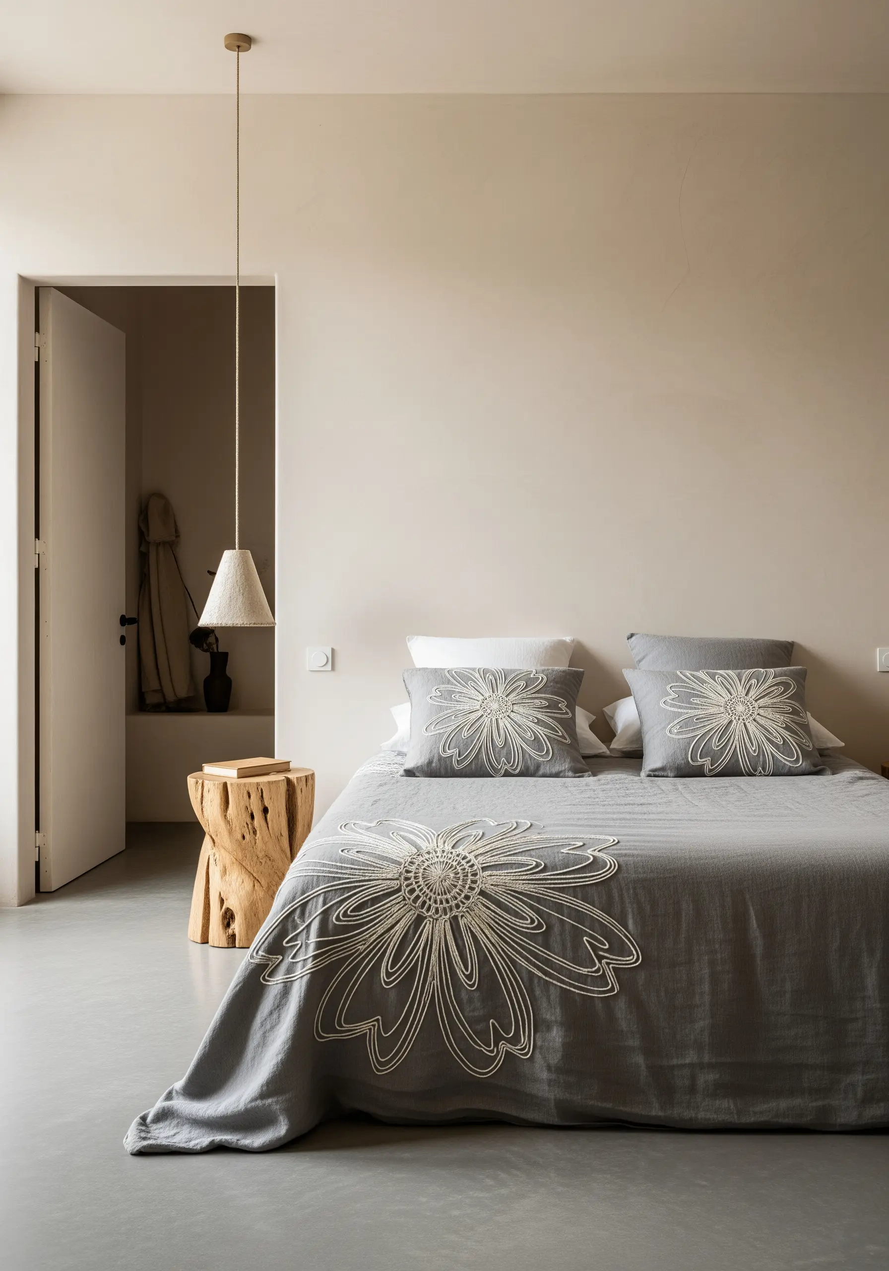 Modern line art floral embroidery on grey pillows and a matching bedspread.