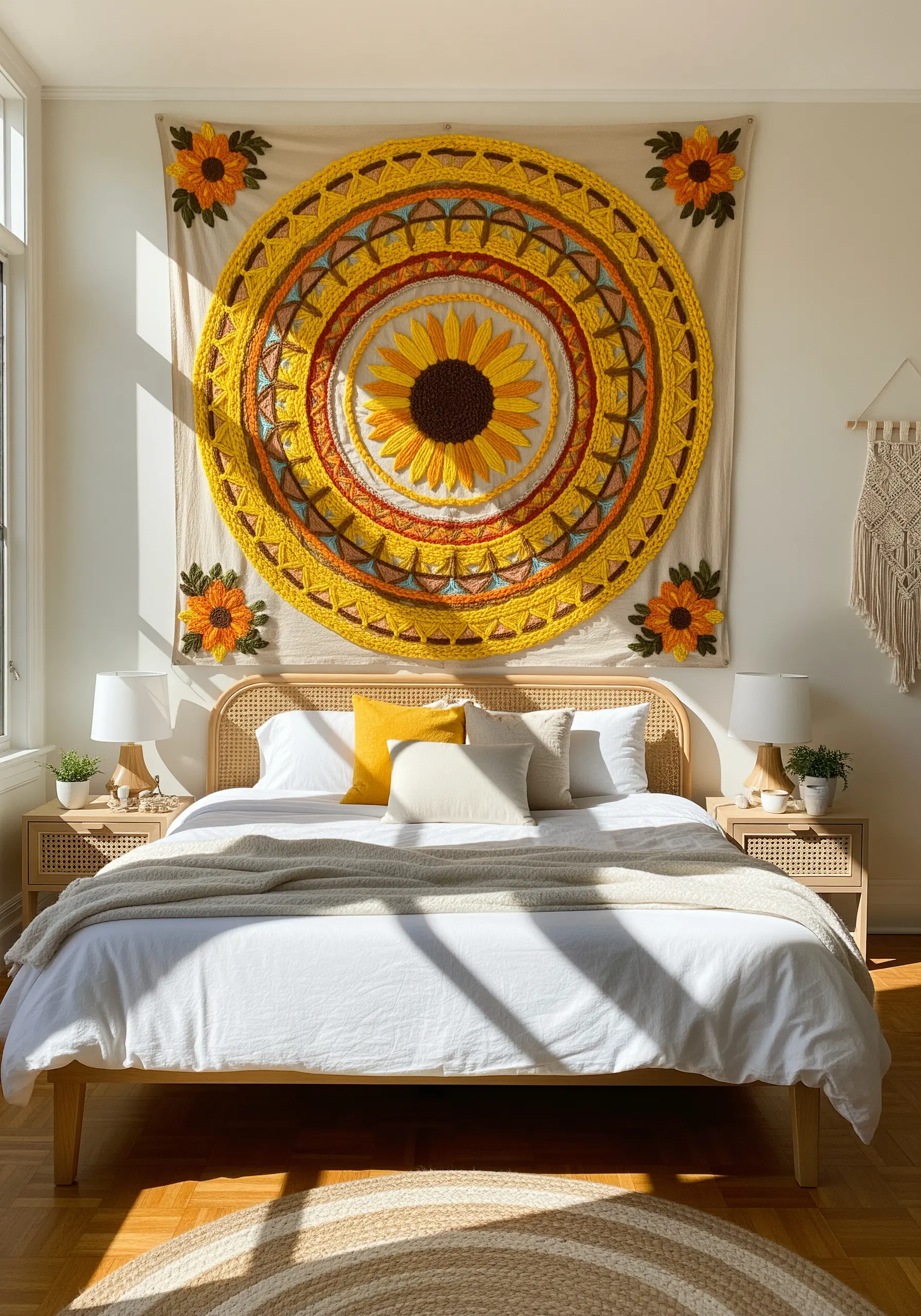 A large, circular embroidered sunflower mandala tapestry hanging above a bed.