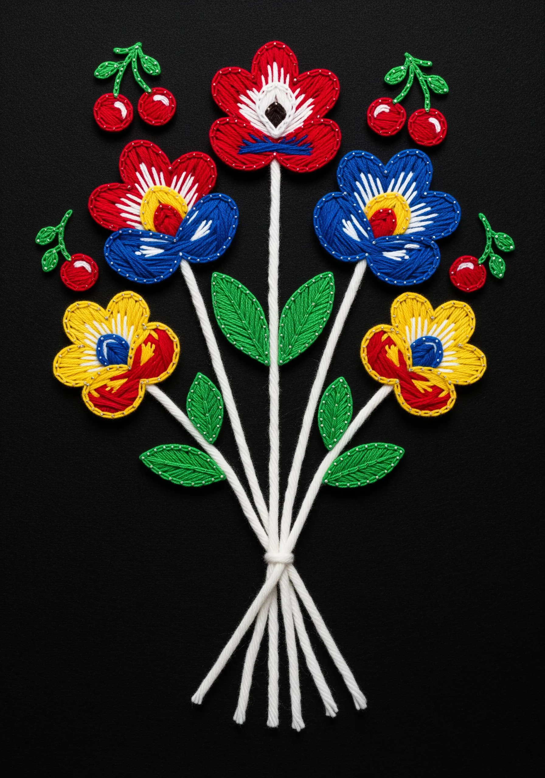 A brightly colored folk art bouquet with red, blue, and yellow flowers on a black background.