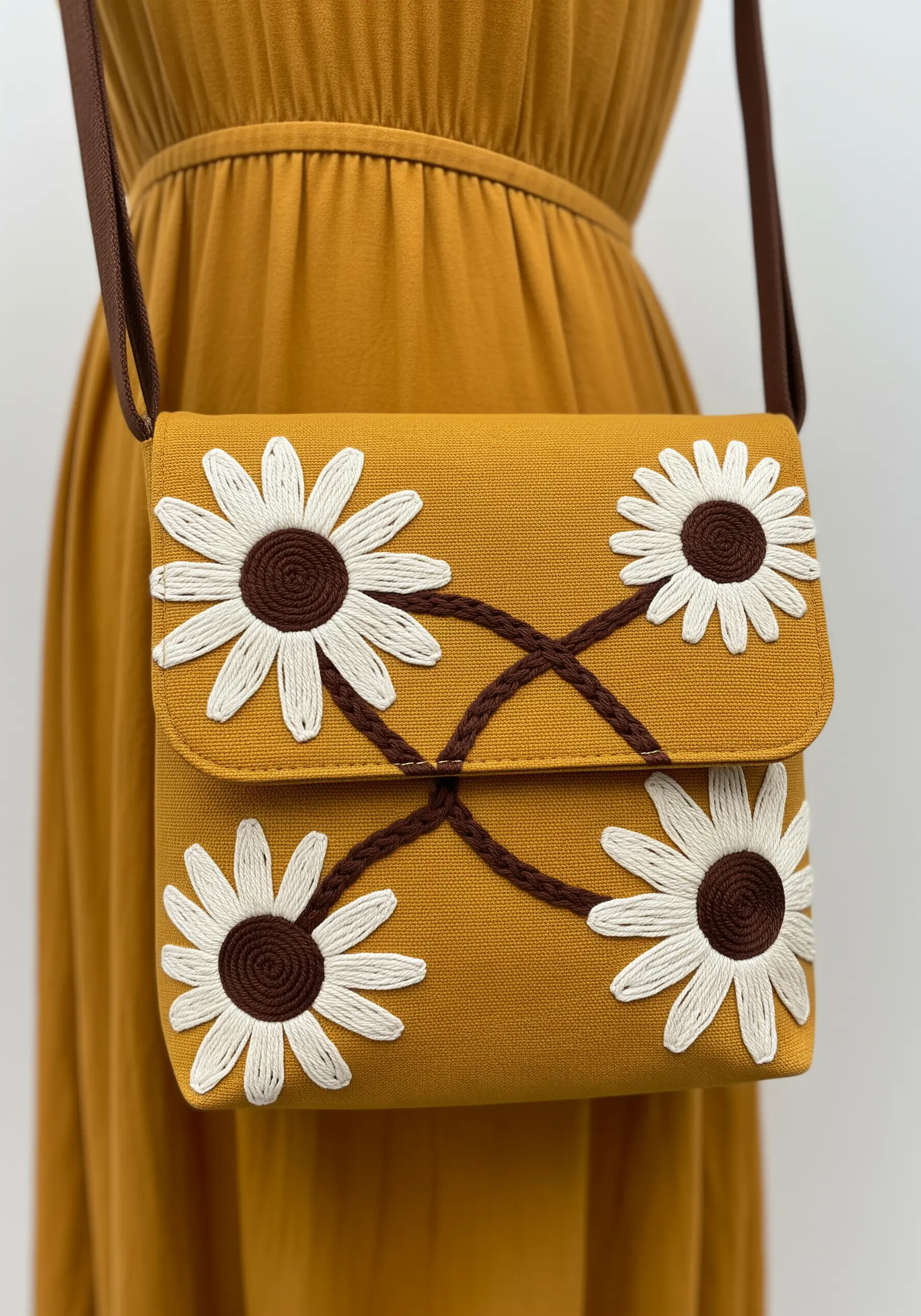Four bold, graphic-style daisies with brown centers on a mustard yellow crossbody bag.