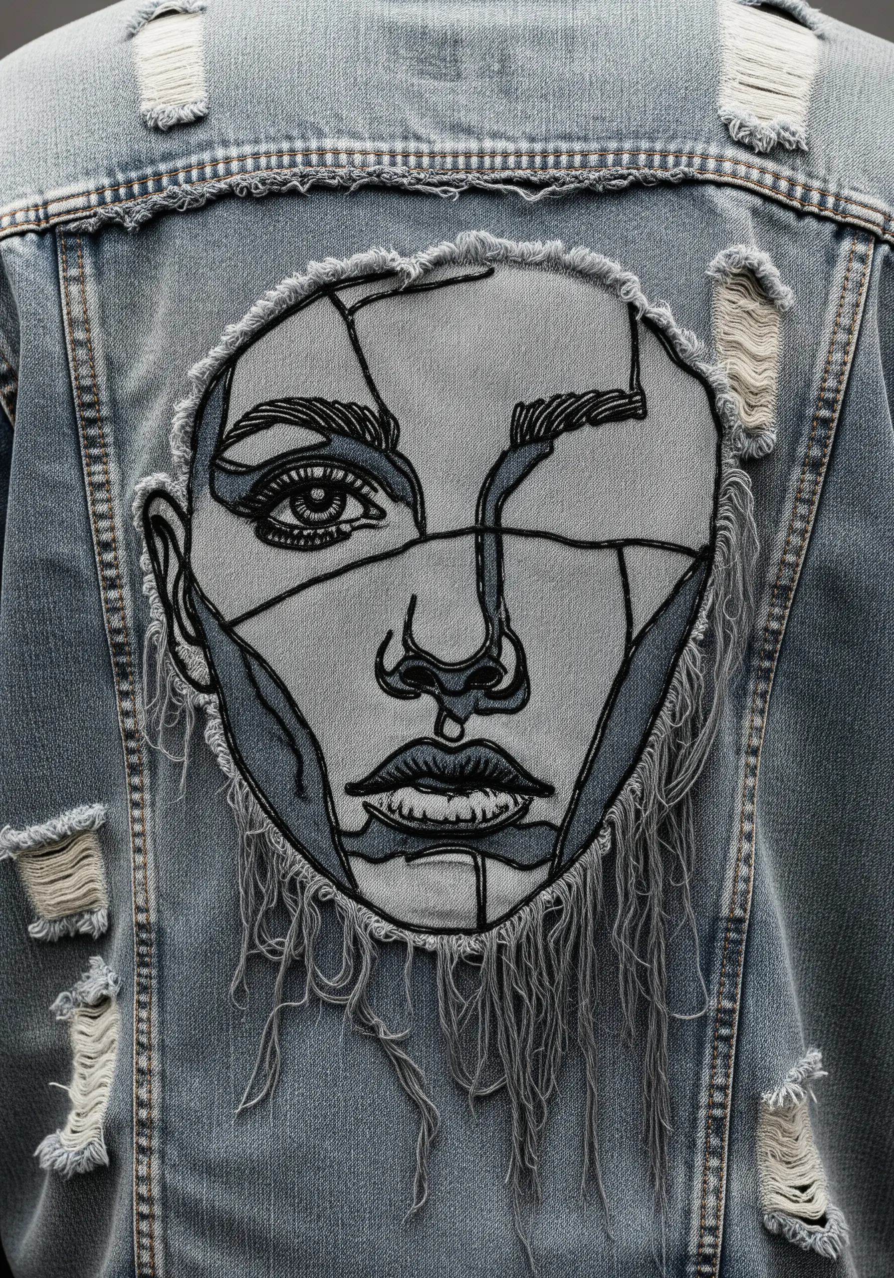 A fragmented portrait made from raw-edge denim patches stitched onto a distressed jacket.
