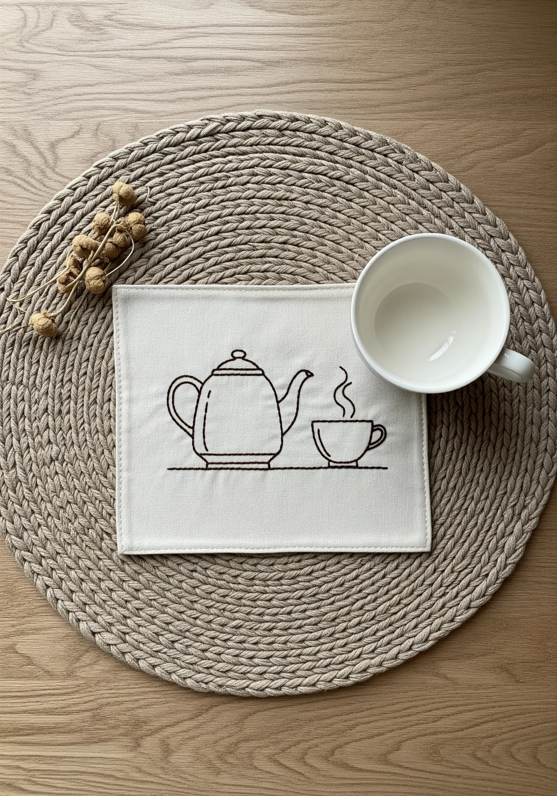 Simple black line art embroidery of a teapot and teacup on a square linen napkin.