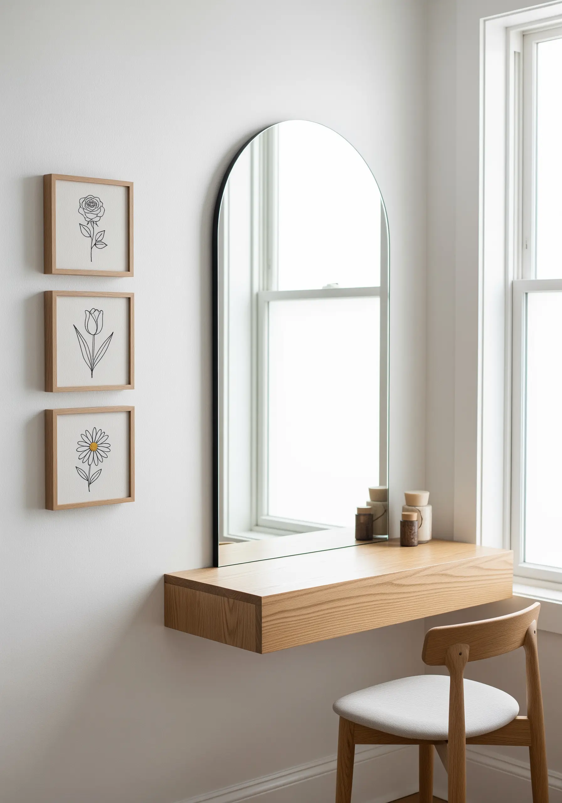 Three minimalist line art flowers embroidered in black thread, in square light wood frames.