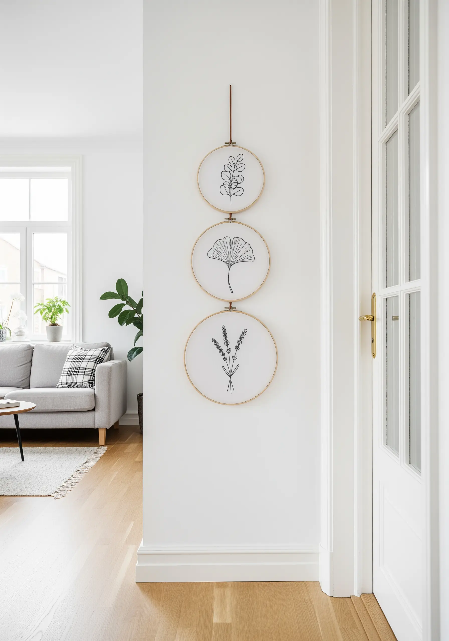 Three hoops with simple black line art botanicals hanging vertically on a white wall.